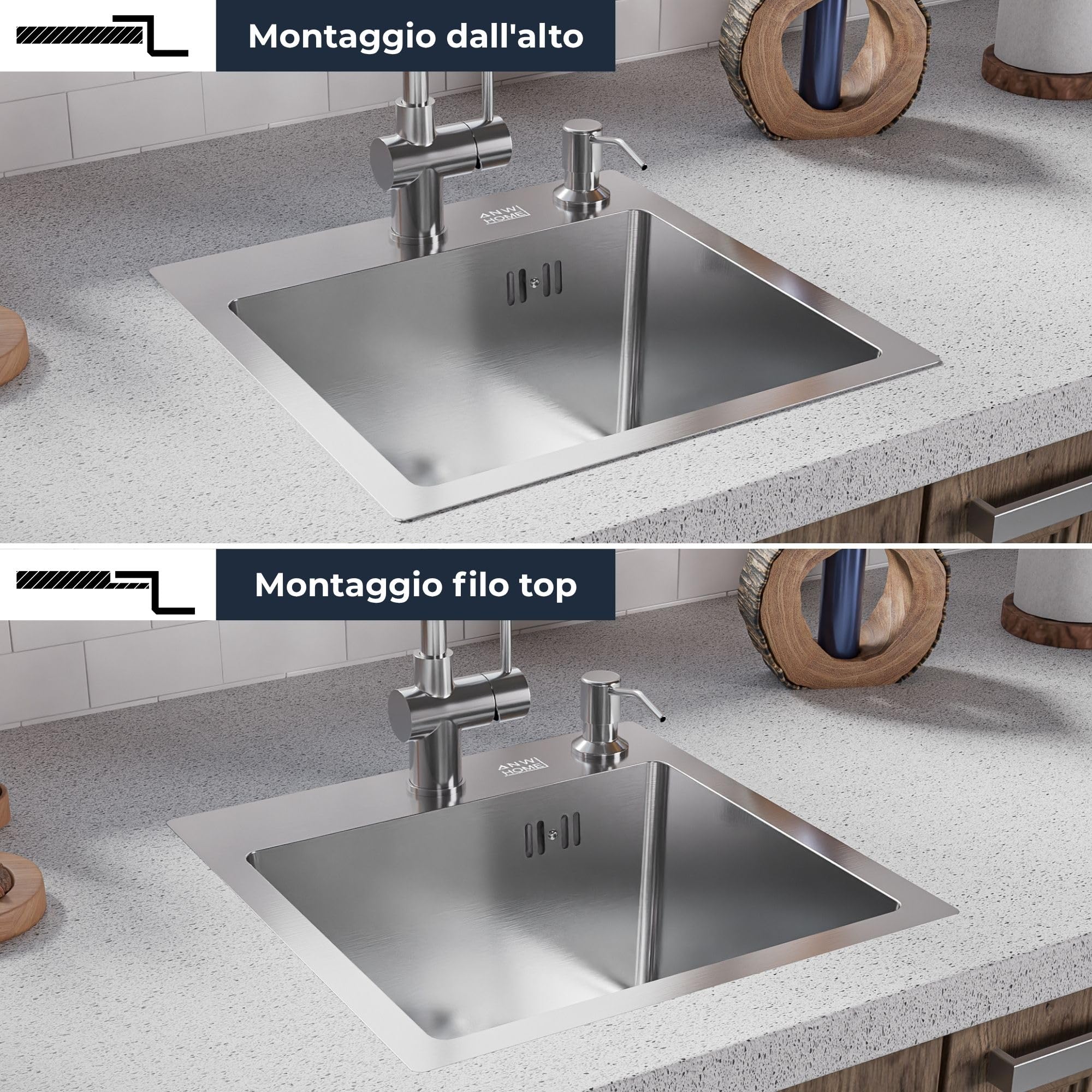 ANW HOME Lavello Cucina 1 Vasca 38x38 cm, Acciaio Inox 304 | Finitura Satinata, Spessore 2/0,7 mm, Profondità 20 cm, Con Sifone