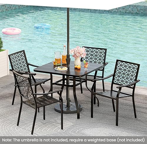 Miniatura 4 de Tangkula Juego de comedor de metal de 5 piezas, mesa de comedor cuadrada de 37 pulgadas con 4 sillas apilables, mesa de listones con agujero para