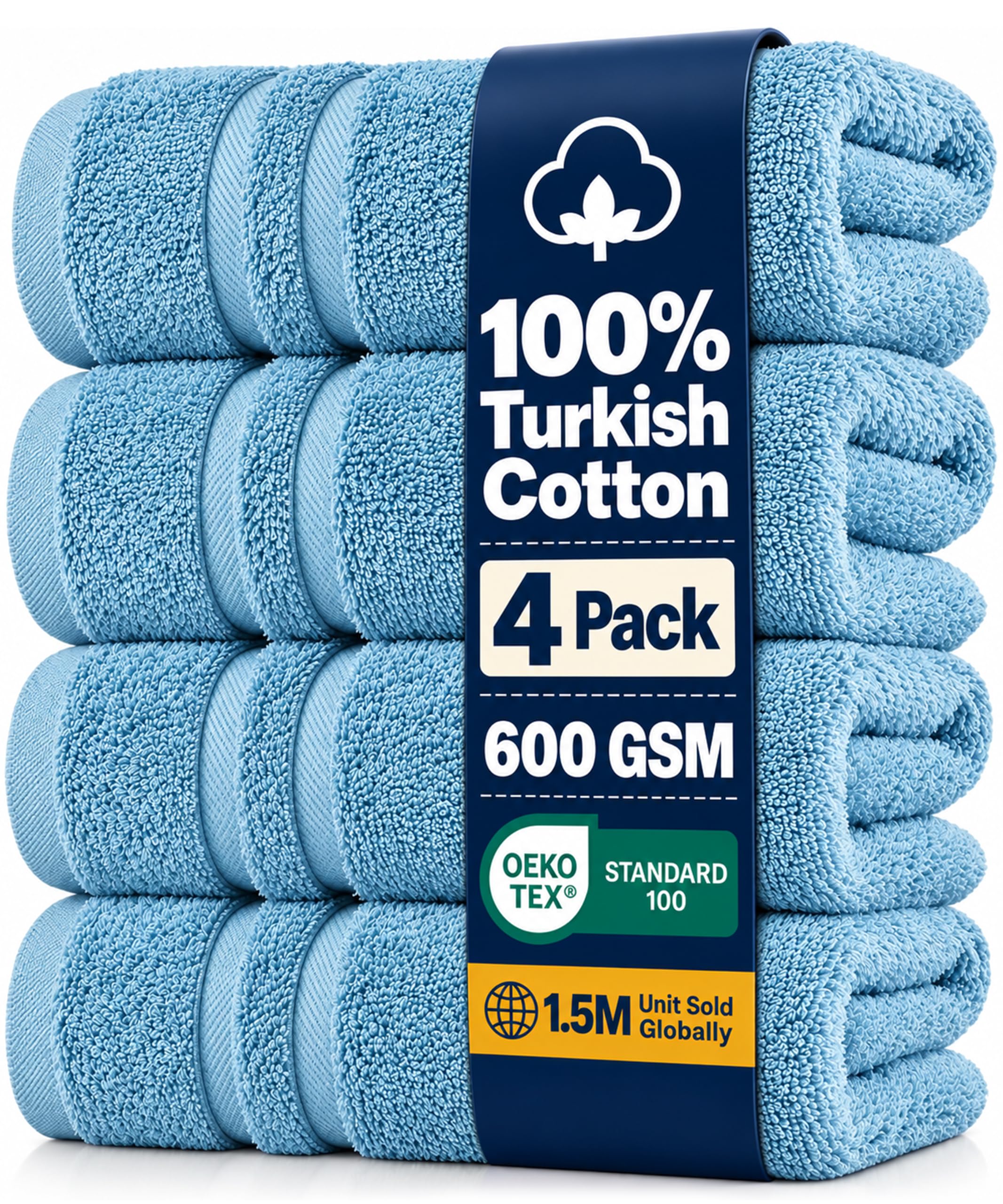 Hawmam Linen Hand Towels for Bathroom, Turkish Cotton, 4 Pack, Light Blue