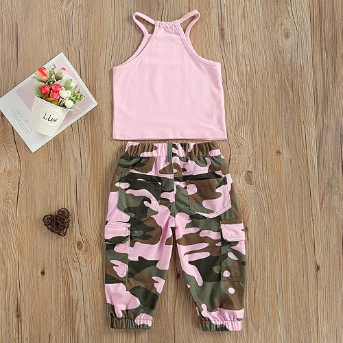 Miniatura 4 de fhutpw Conjunto de ropa para bebés y niñas pequeñas, 2 piezas, camiseta sin mangas con cuello halter y pantalones de camuflaje, conjuntos de chaleco