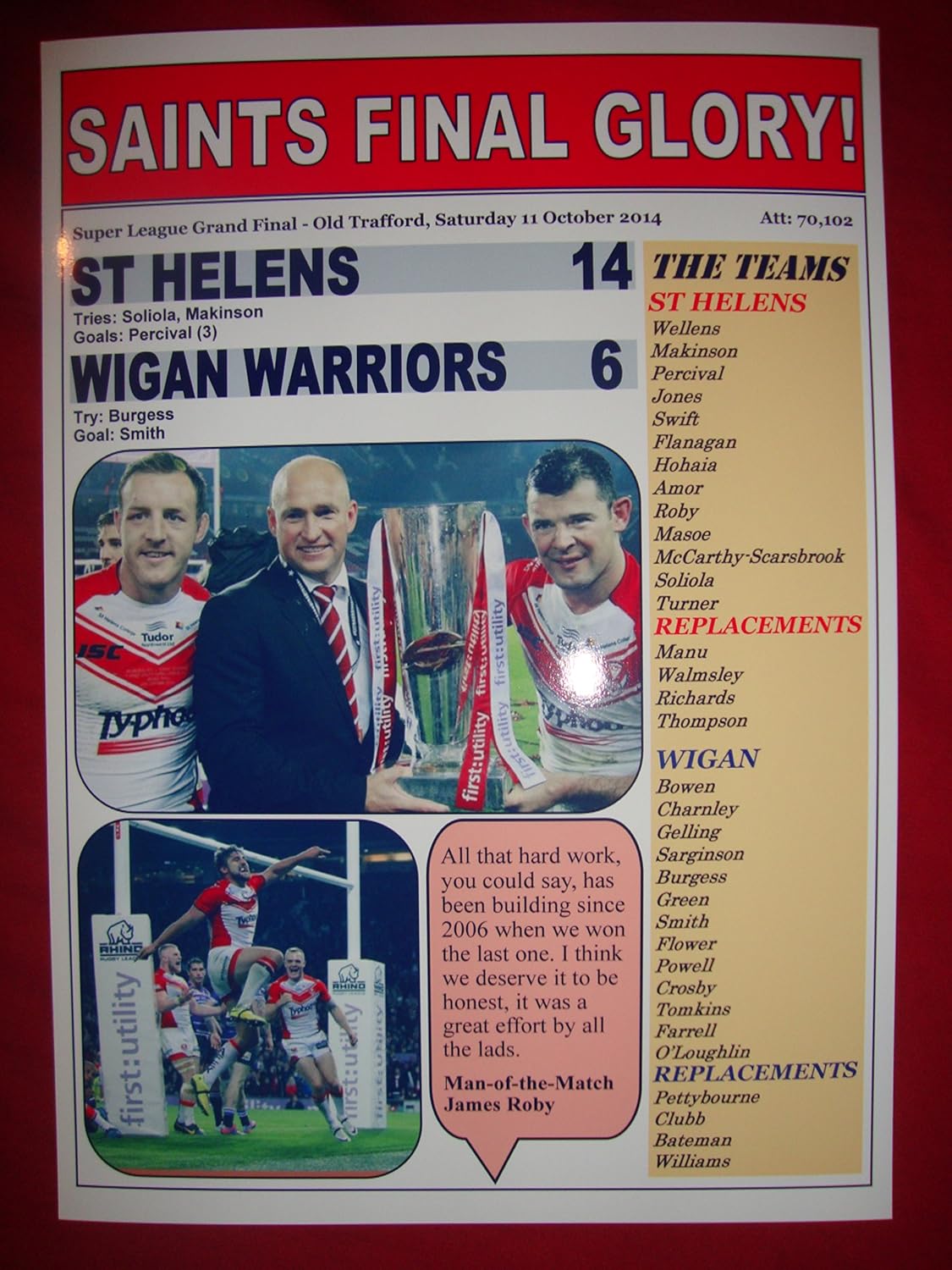 Lilywhite Multimedia St Helens 14 Wigan Warriors 6 - 2014 Grand Final - souvenir print