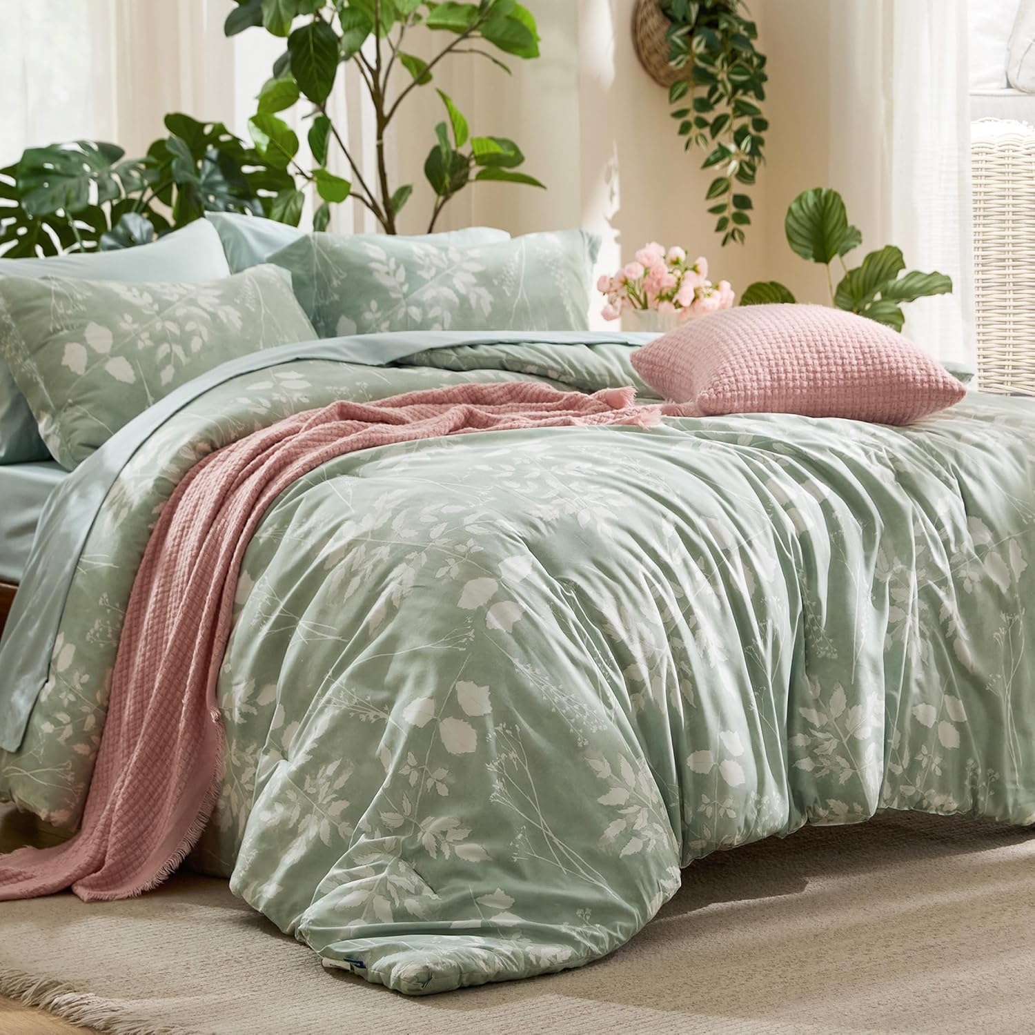 Bedsure Queen Comforter Set - 7 Pieces Floral Sage Green GentleSoft™ Bedding Sets, Queen Bed in a Bag with Botanical Flowers Winter Comforter, Sheets, Pillowcases & Shams - Image 8