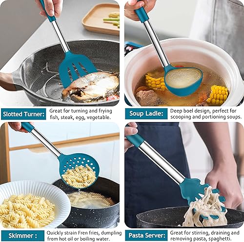 Miniatura 5 de LIANYU Juego de 27 utensilios de cocina con soporte, espátula de silicona con mango de acero inoxidable, herramientas de cocina para utensilios de