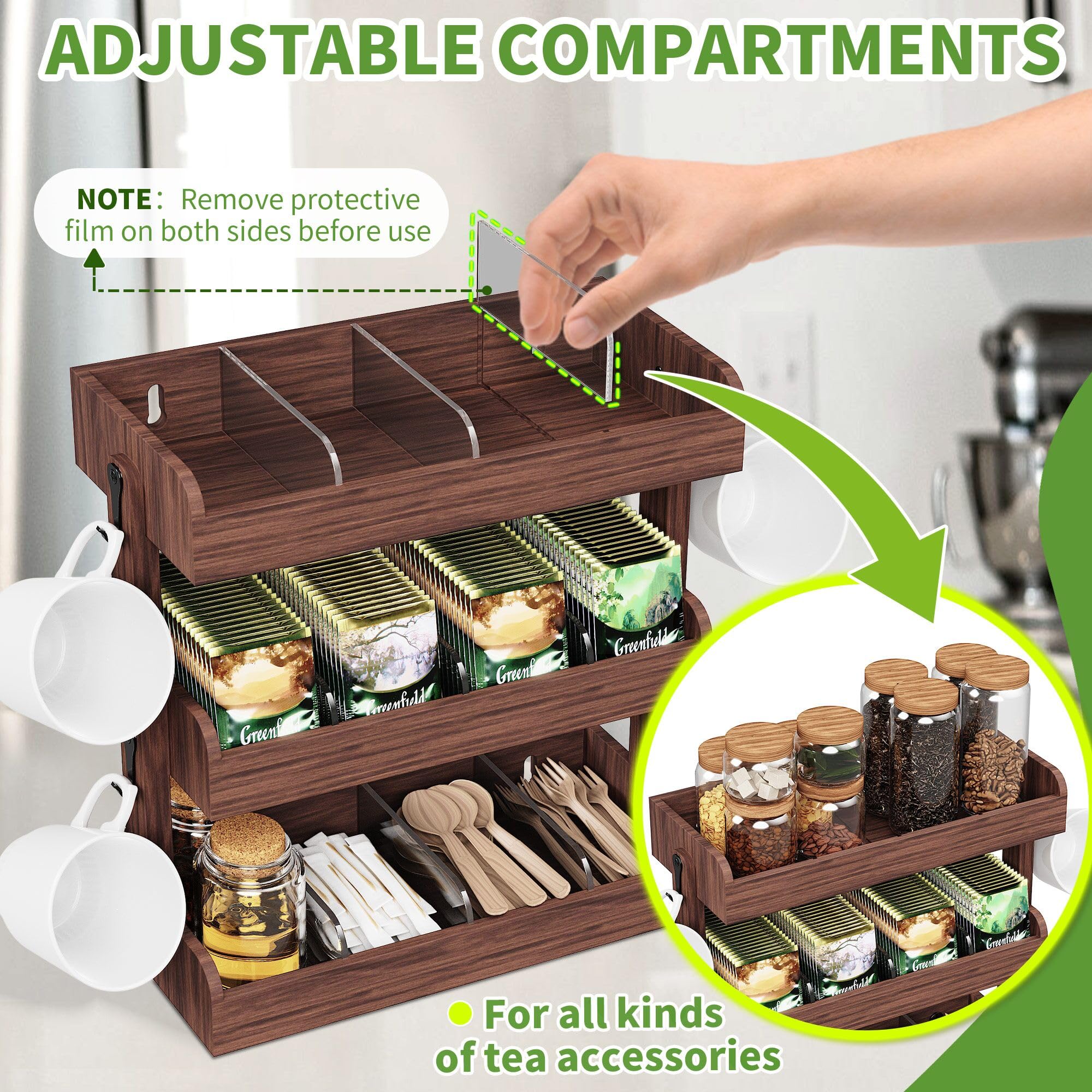 Rangement Sachets Thé Café QILICZ - Organisateur à Thé Vertical En Bois - 2 Niveaux, Motif Ajouré - Pour Sachets De Thé, Sucre, Café Porte Thé Bois