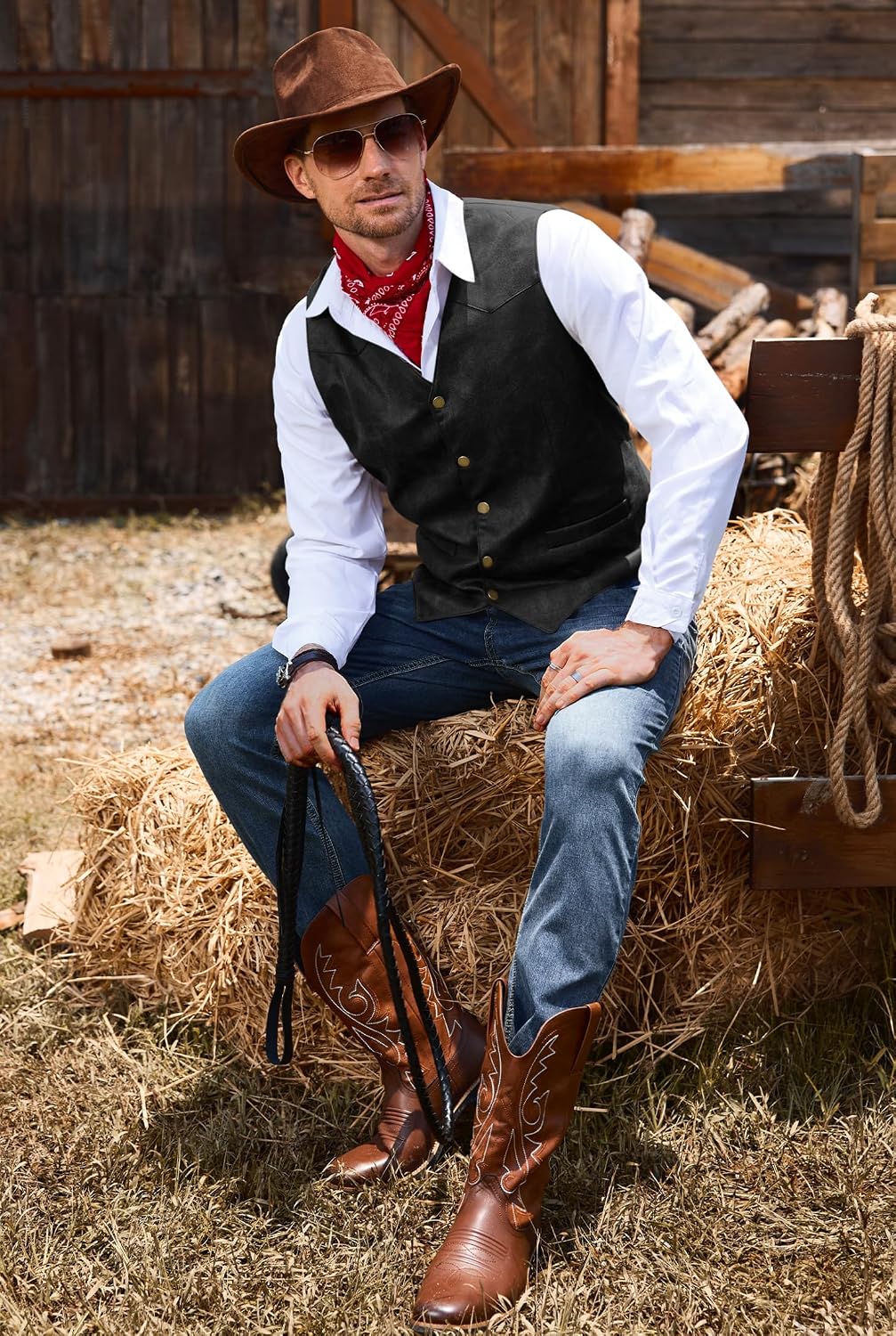 Herberton Mens Western Vintage Vest Cowboy Suede Leather Waistcoat