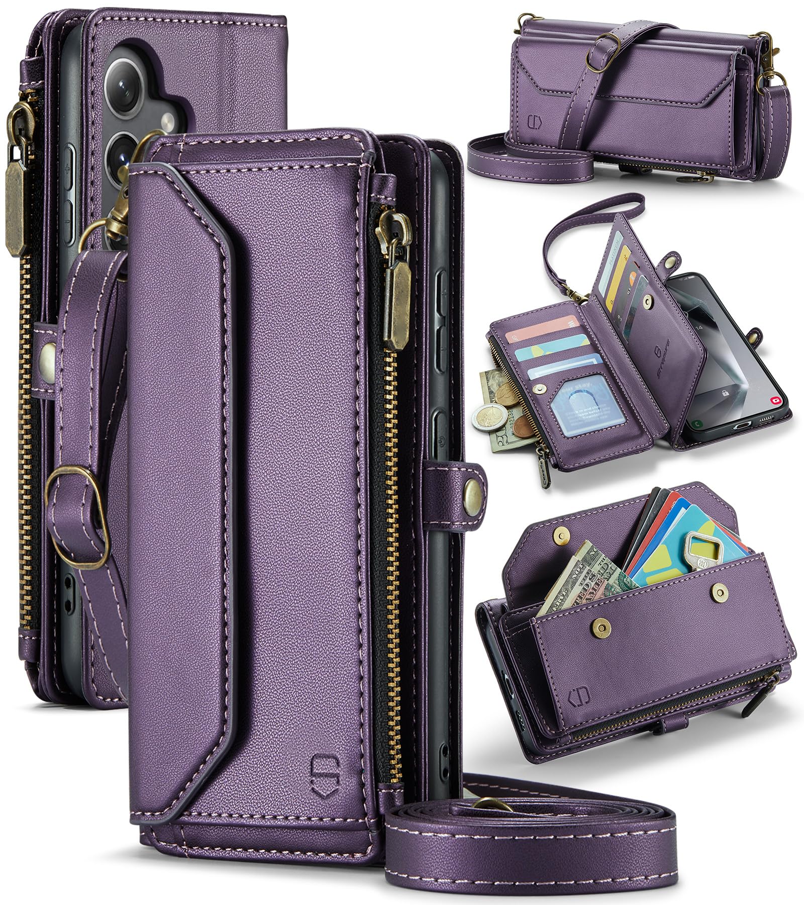 Crossbody for Samsung Galaxy S24 Plus Case Wallet?RFID Blocking? with 10-Card Holder Zipper Bills Slot, PU Leather Magnetic Shoulder Strap for Galaxy S24 Plus 5G Phone Case for Women,Purple