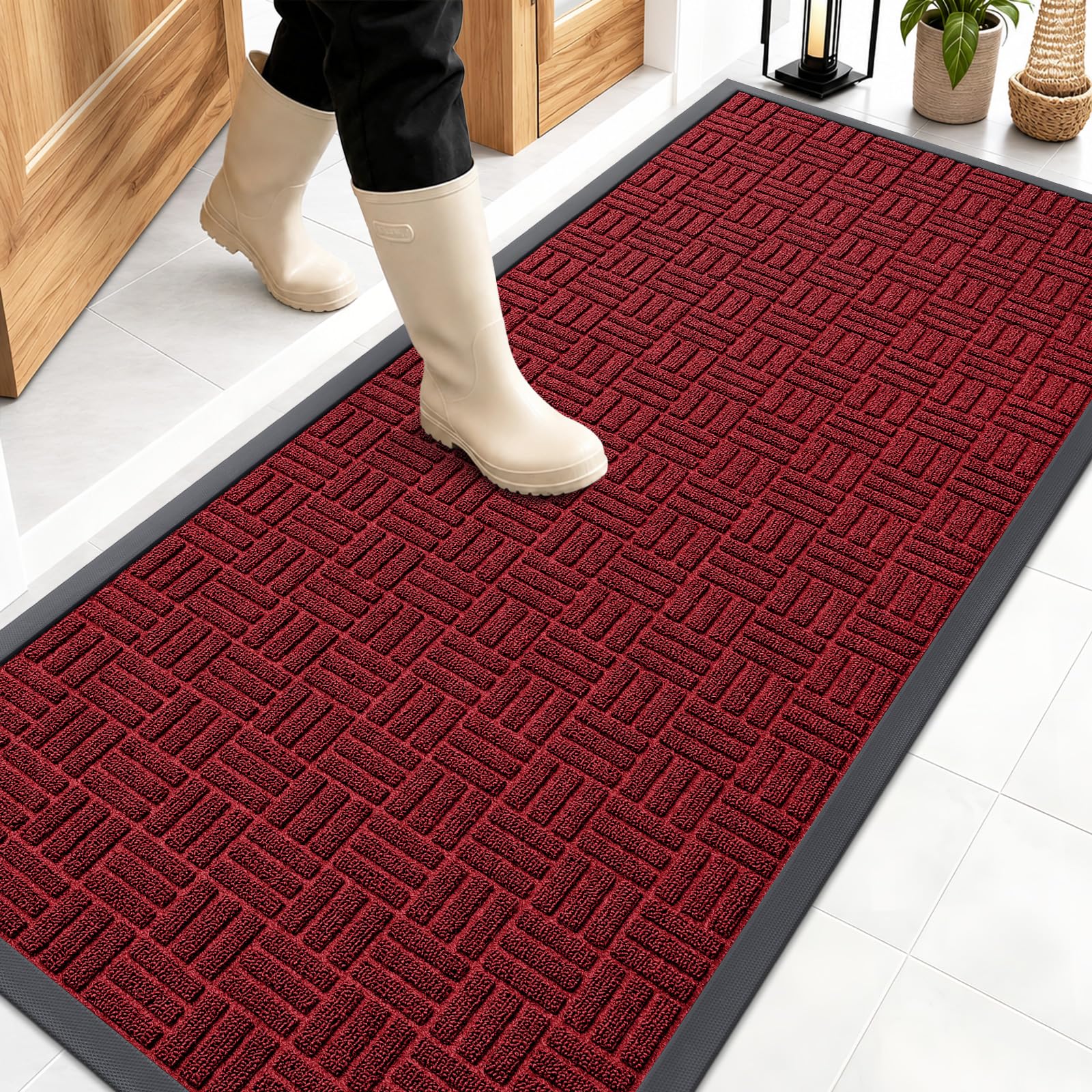 OLANLY Front Door Mat Outside Entrance 59x23, Heavy-Duty Rubber Doormat | Black Red, Stain and Fade Resistant, Non-Slip Backing, Low-Profile Indoor Outdoor Floor Mat for Entryway, Easy to Clean
