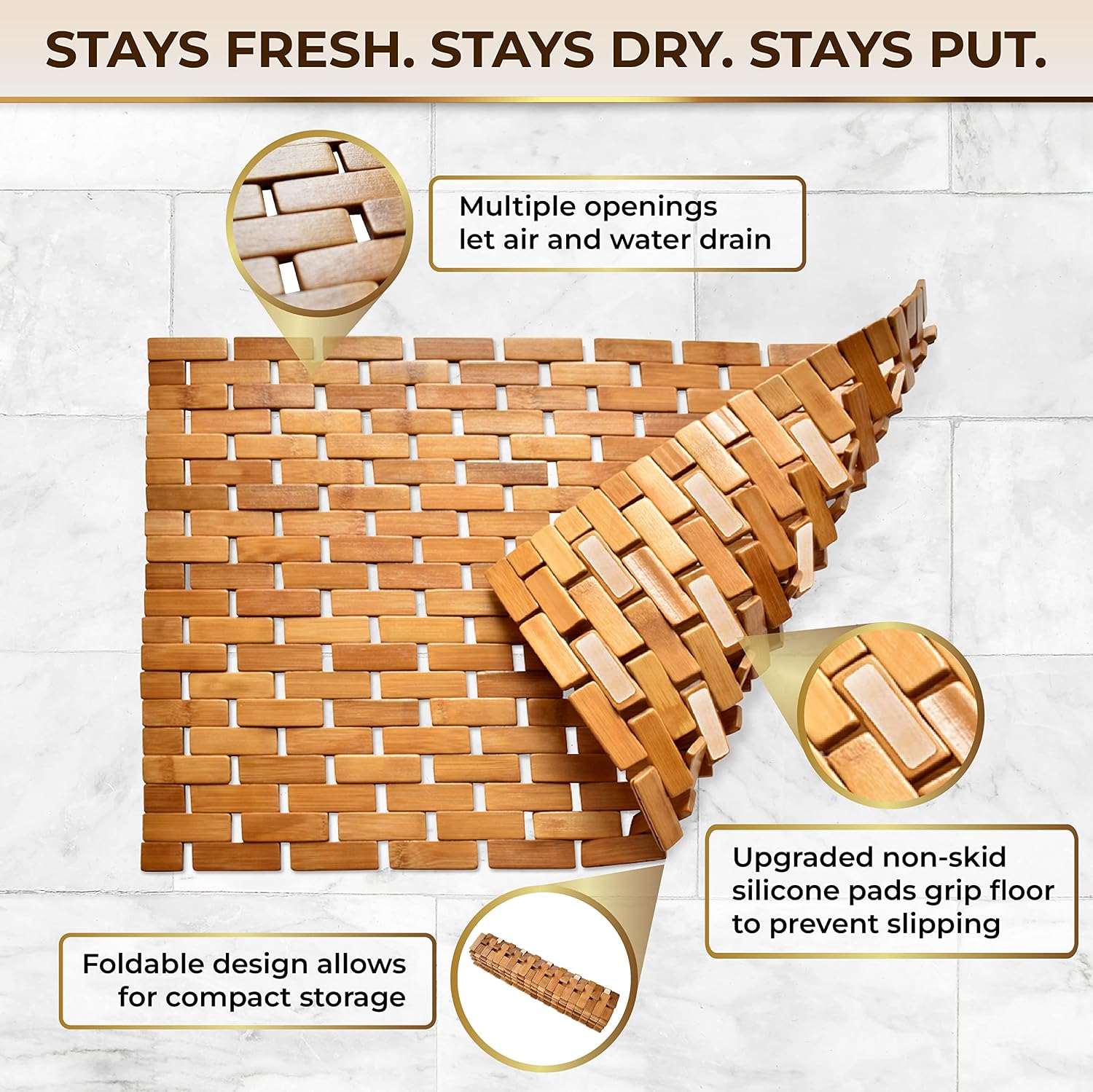 Bamboo Bath Mat - Our Non Slip Quick Drying Mat for Bathroom and Kitchen Comes in Water-Resistant Organic Bamboo with Beautiful Lattice Pattern and Nonskid Silicone Pads, 24 x 16 Inches