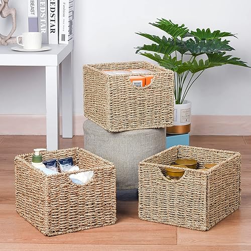 Miniatura 2 de Seagrass Storage Baskets with Labels, 10.5x9x7.5in Wicker Storage Basket, Storage Baskets for Shelves Set of 3, Pantry Baskets Organization,Kitchen