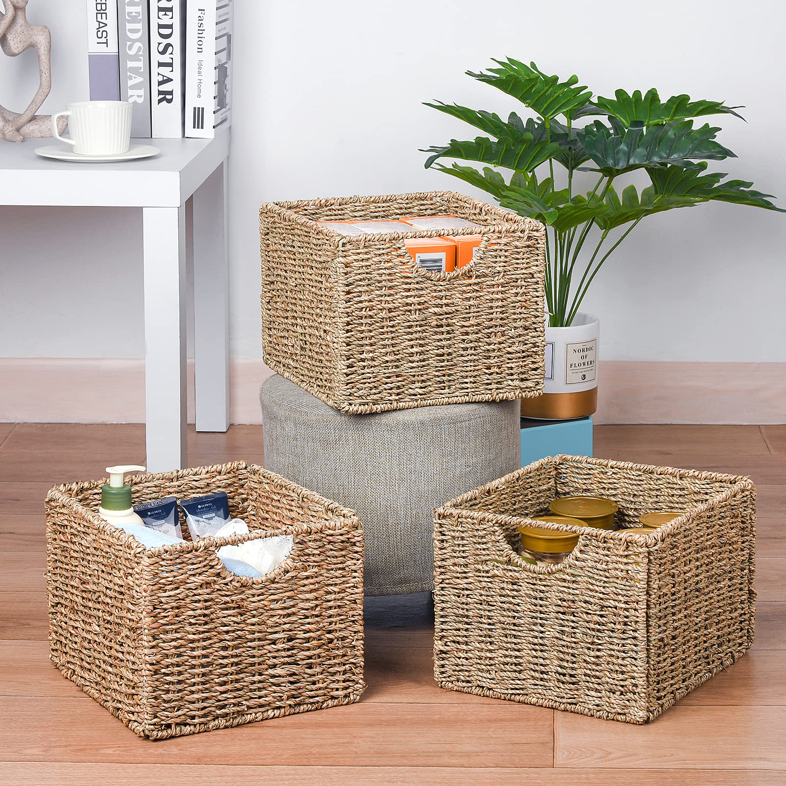 Set 6 Cestini Portaoggetti In Giacinto D'Acqua Naturale - Rettangolari 32x20x20 Cm, Per Bagno, Camera, Ripiani