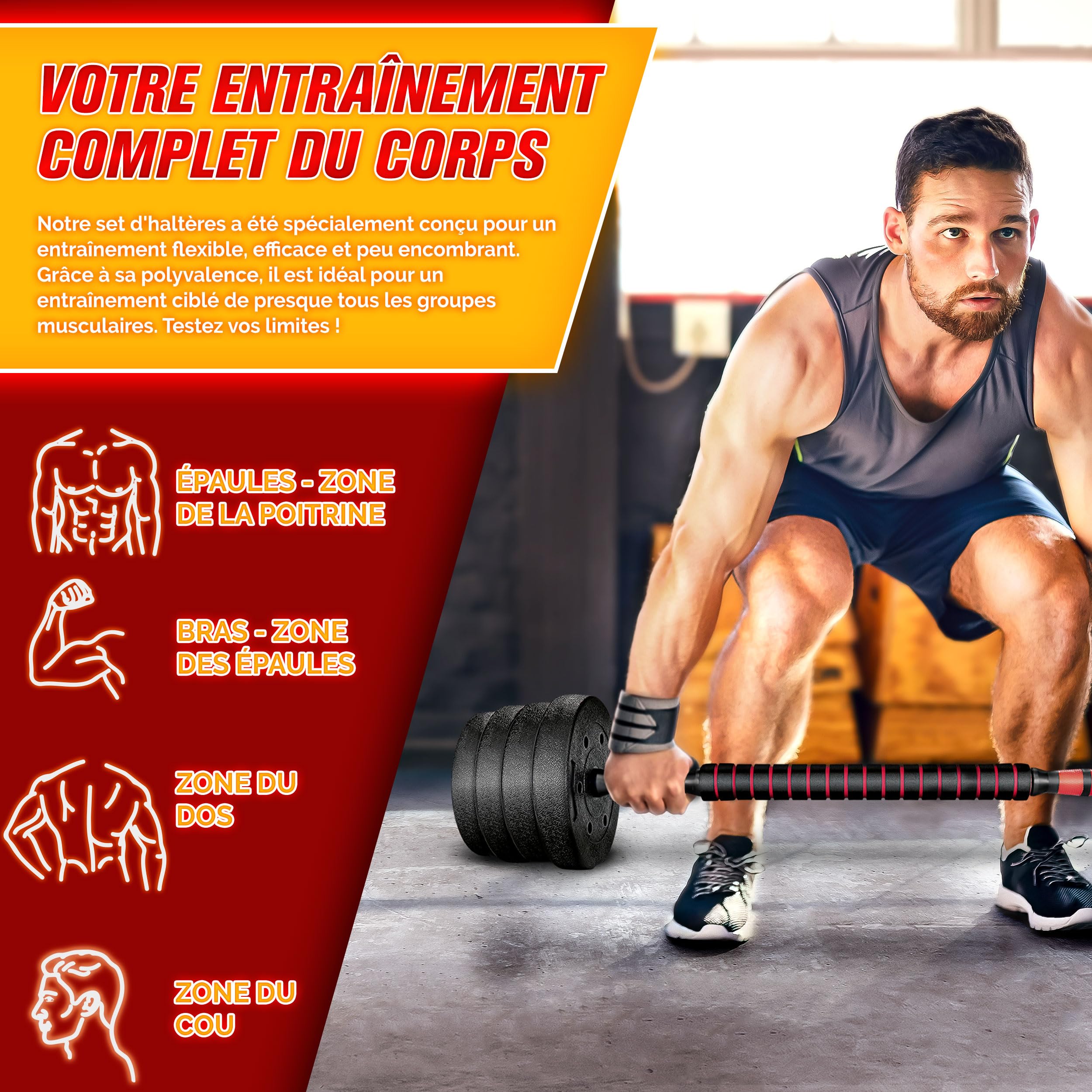RE:SPORT Ensemble d’haltères 2 en 1 15-40 kg, réglables, haltères courts et longs, fermeture en étoile et tube de raccordement