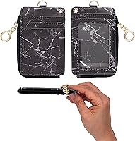 Vista 86 de Soporte de tarjetas de ID 2 en 1, cartera chica multiusos, correa de muñeca extraíble, cordón para cuello, ventana clara, 5 ranuras, para teléfono