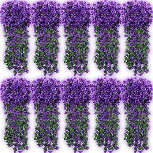 Miniatura 1 de Yuxung Paquete de 10 flores colgantes artificiales, plantas colgantes falsas, hiedra violeta, plantas colgantes falsas para pared, hogar, patio,
