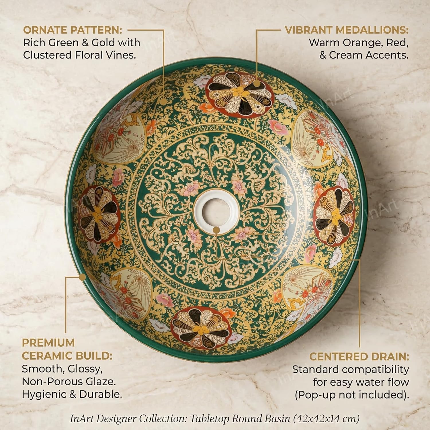 InArt Moroccan/Mexican-Inspired Green Beige Ceramic Round Vessel Sink Bowl, Above Countertop Bathroom Vanity Sink, Satin Finish, 16.5 x 16.5 x 5.9 in