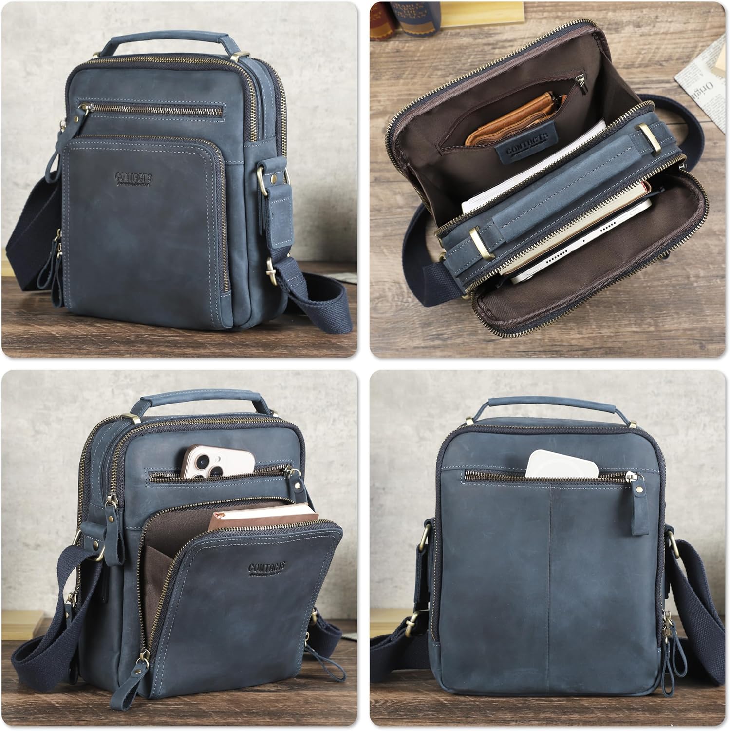 Top Grain Leather 11" Messenger Bag for Man & Woman, Multi Pockets, Fits to 8.3"/10.9" iPad for Daily/School/Business/Travel