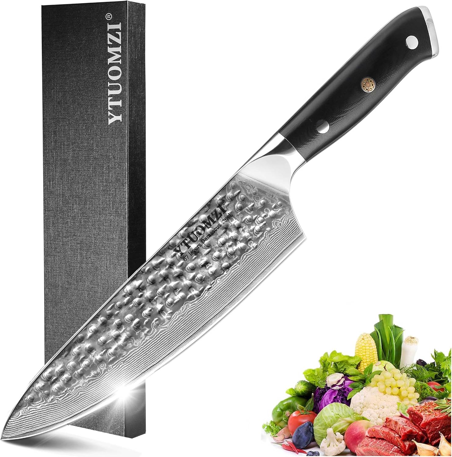 Damascus Chef Knife, 8-inch Damascus Steel Chef's Knife VG10 Forged Kitchen Knife High Carbon 67-Layer Hammered Damascus Cooking Knife, Meat Fruit Vegetable Gyuto Knife w/Ergonomic G10 Handle
