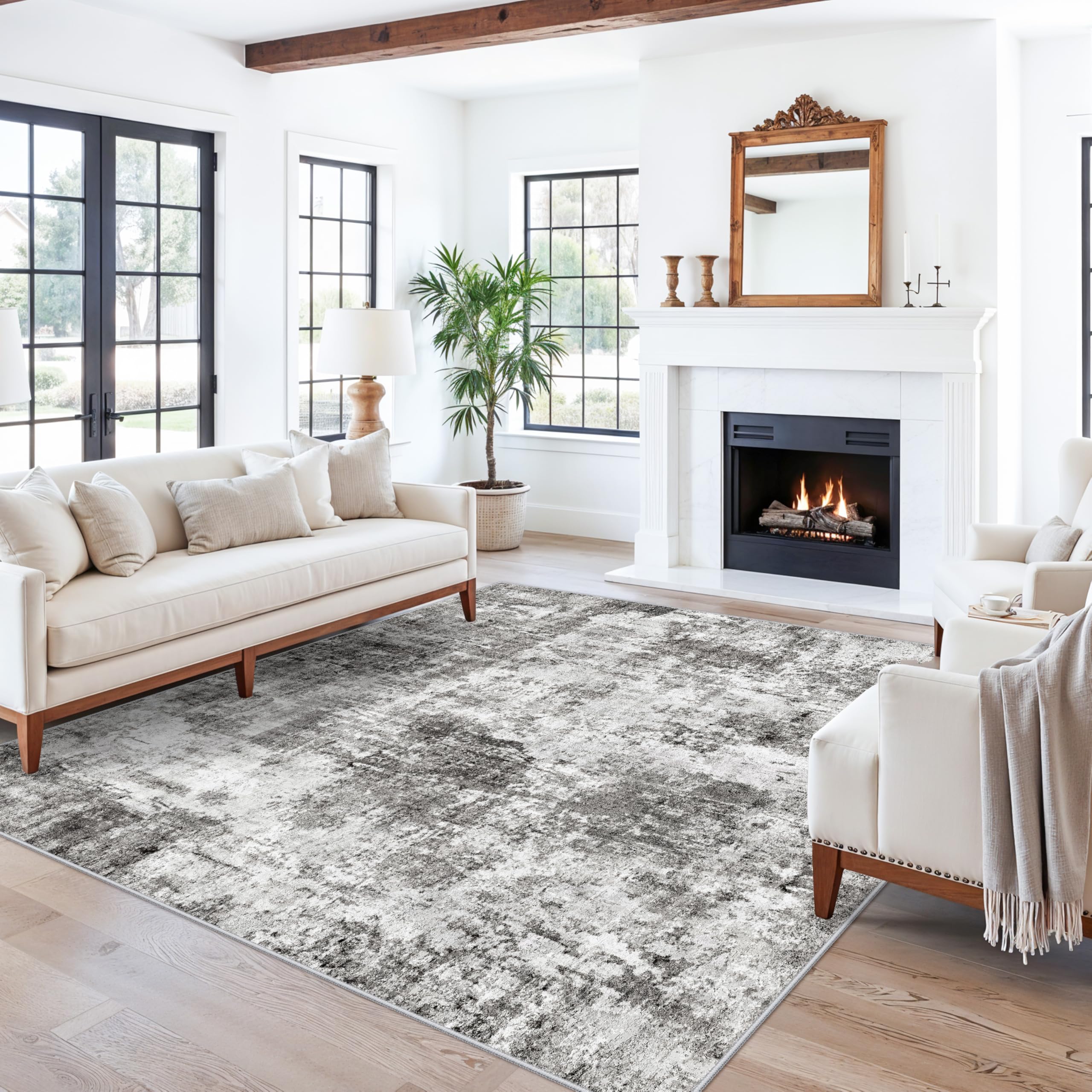 ZHXXUJ 7x7 Square Washable Area Rug, Non-Slip Indoor Rug for Living Room Bedroom Dining Room, Low Pile Stain Resistant Modern Abstract Neutral (Grey)