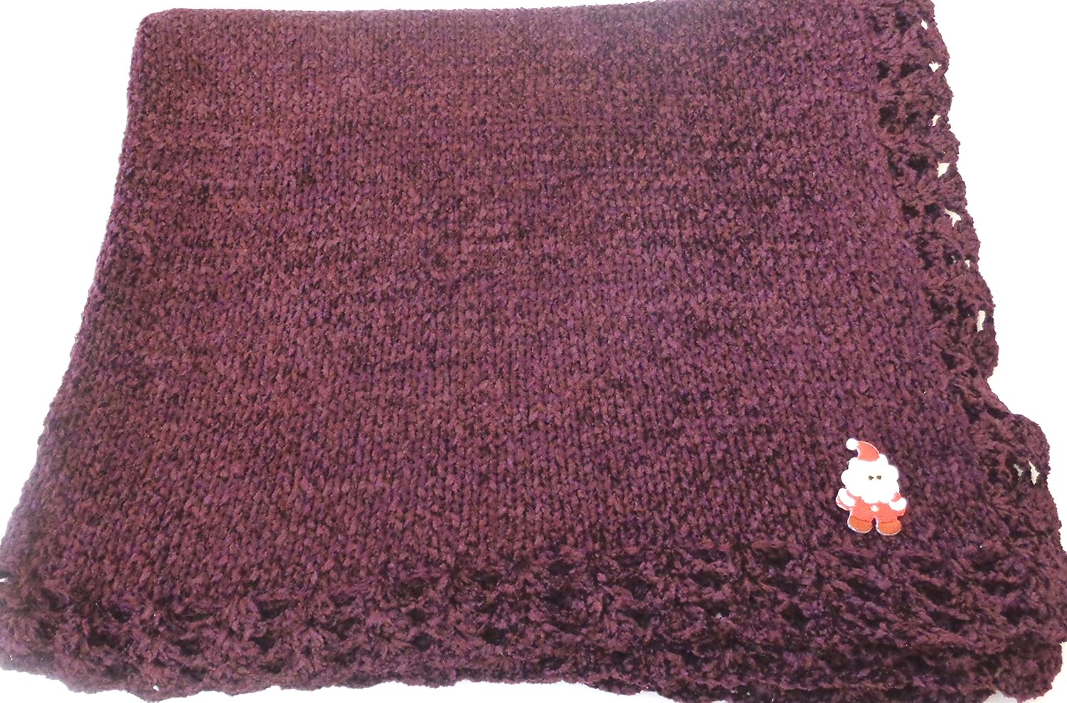 Knitted Dark Brown Chenille Baby Blanket with Santa Claus