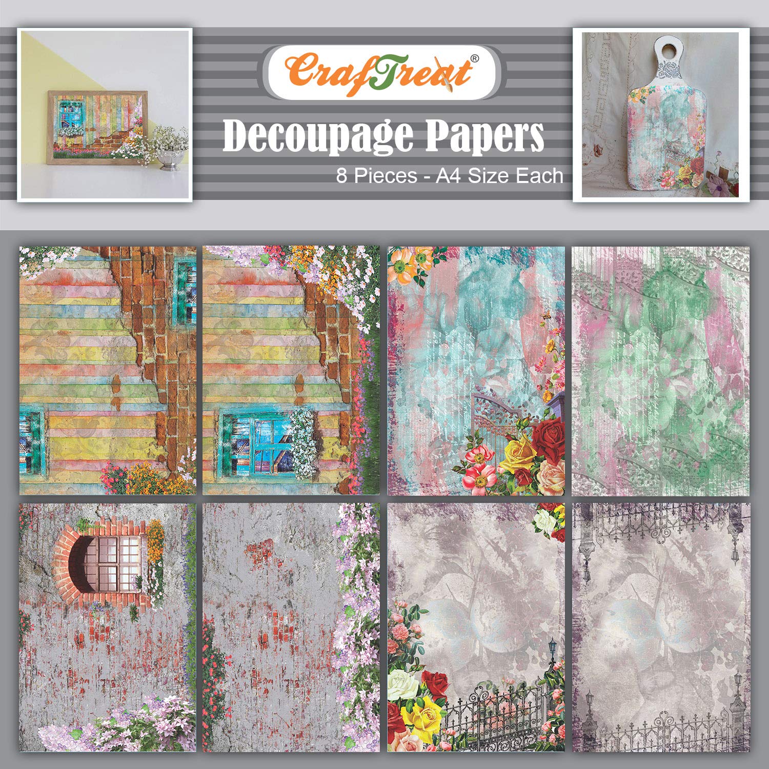 CrafTreat Ethnic Decoupage paper for craft vintage Vintage Window and Gate 8 Pcs Size A4