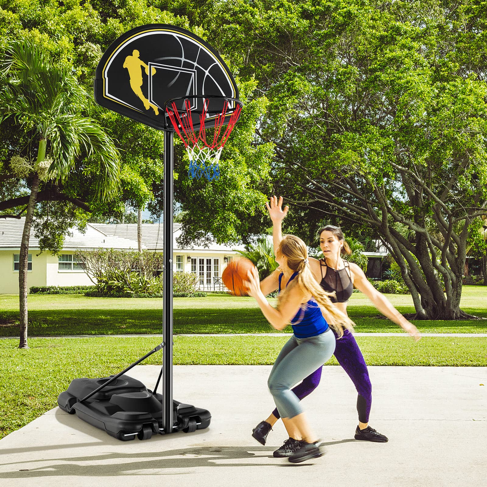 COSTWAY Panier de Basket-Ball sur Pieds Hauteur Réglable 130-305cm, Support de Basket Portable avec Roues et Base Rechargeable Résistant aux Intempéries, pour Intérieure & Extérieure