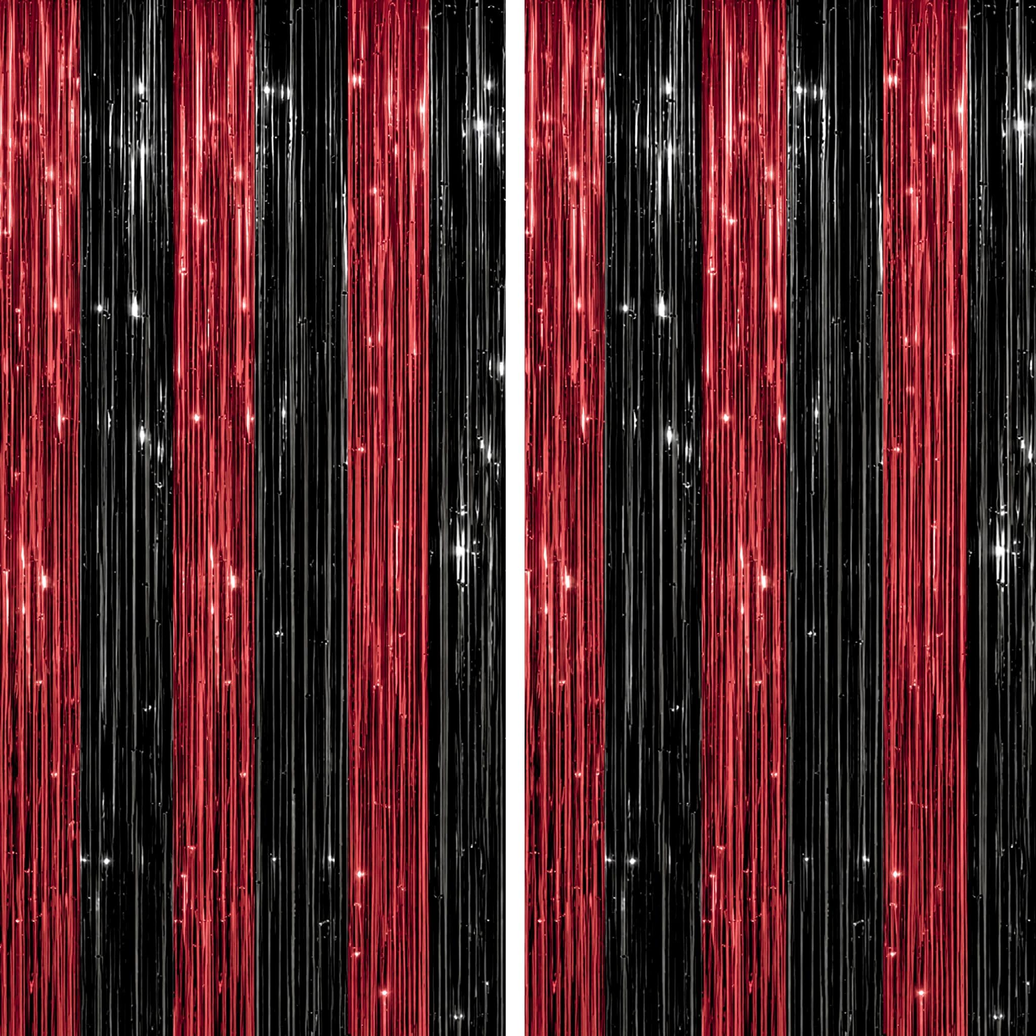 DECOCKRAT 2 Pack Foil Fringe Backdrop - Red&Black Shiny Tinsel Curtains for Party Decoration/Photo Booth Props - 3.3x6.6 FT Metallic Foil Backdrop for Birthday, Wedding, Graduation, Christmas.