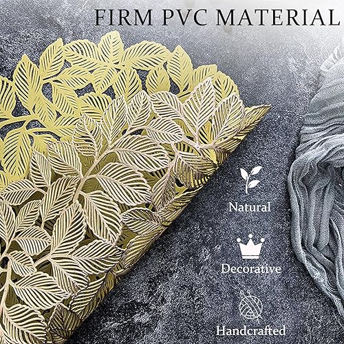 Miniatura 3 de Juego de 4 manteles individuales de hoja dorada, manteles individuales huecos redondos metálicos resistentes al calor, manteles individuales de