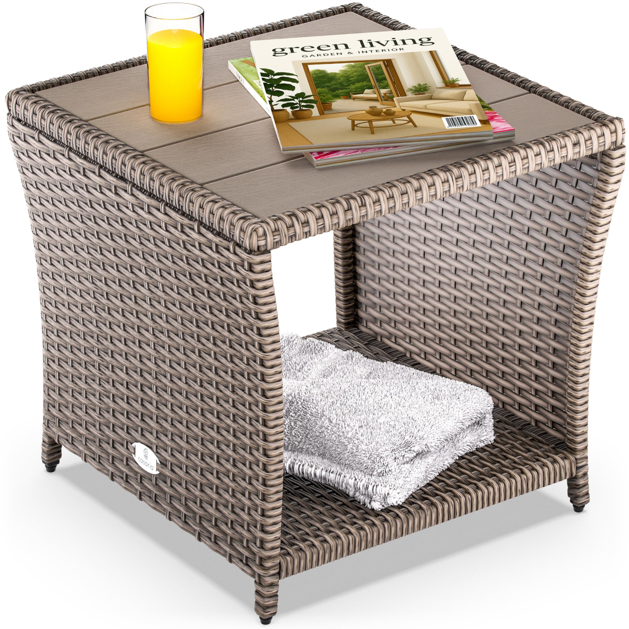 CASARIA® Garden Side Table, Cream Rattan, WPC Top, Outdoor Coffee Table