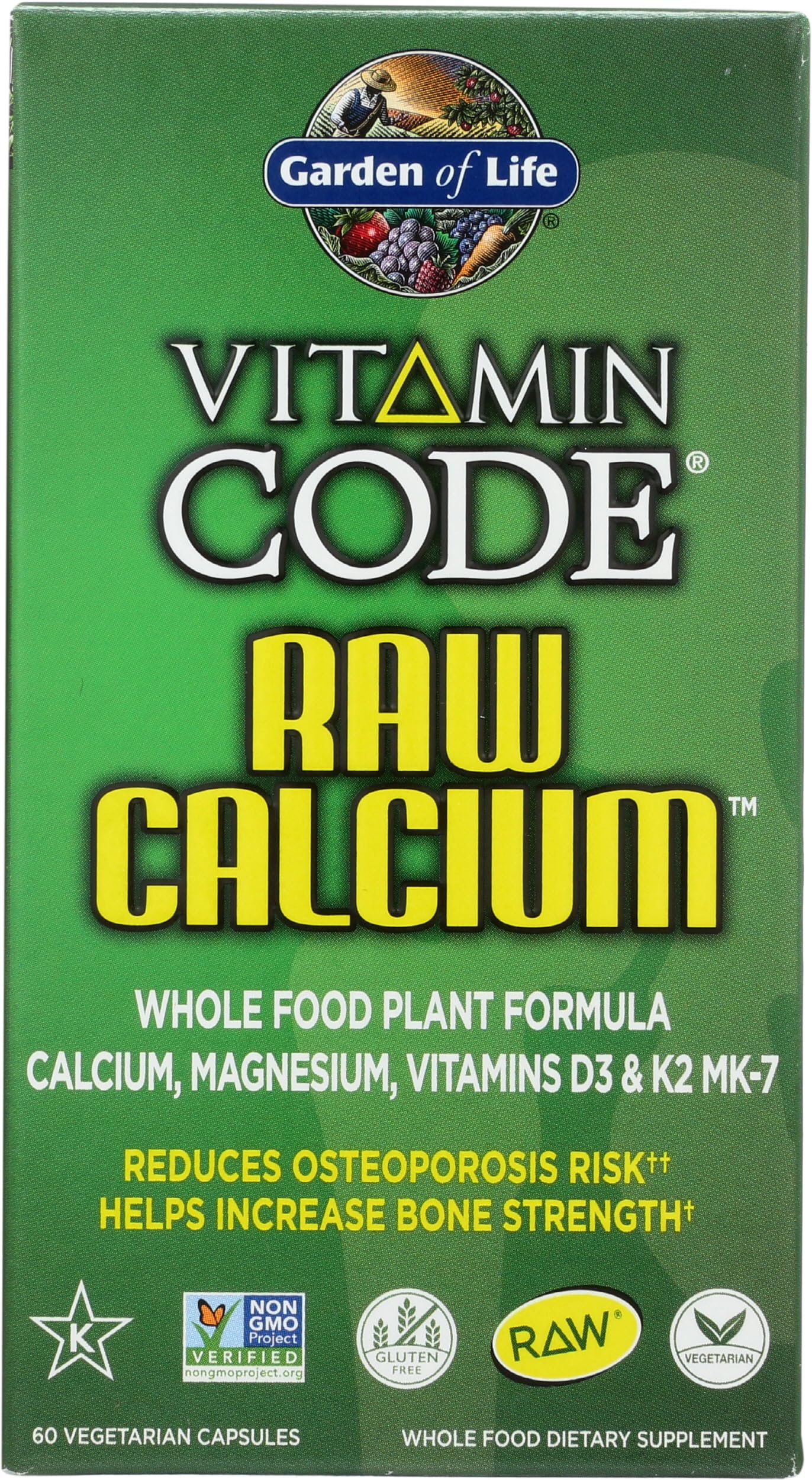 Garden of Life Vitamin Code RAW Calcium 60 Capsules – Whole-Food Plant Calcium with Vitamin D3, K2 & Magnesium to Support Strong Bones, RAW Formula for Adults