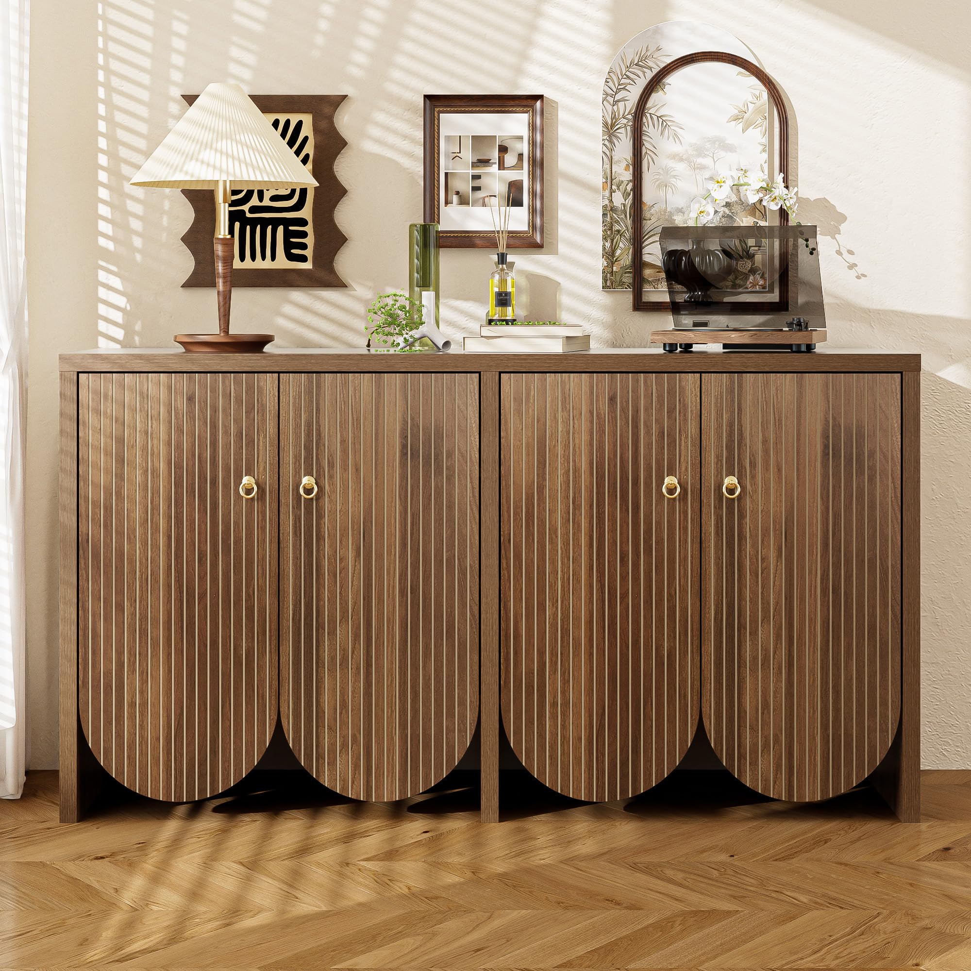 Merax Sideboard Cabinet Modern Buffet Storage Unit, Walnut Look, 147×40×80 cm – Large Storage Sideboard with 4 Doors, Adjustable Shelves & Aluminium Handles — image 1