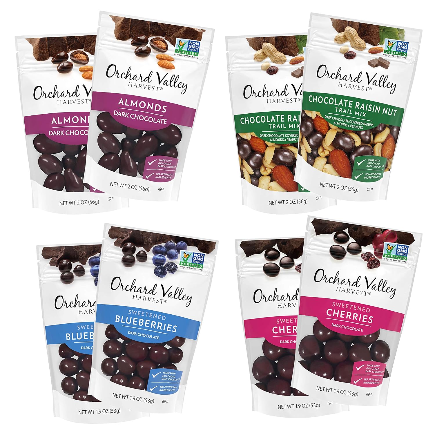 Orchard Valley Harvest Dark Chocolate Fruit and Nut Variety Pack, 1.9 Ounce, 2 Ounce Bags (Pack of 8), Non-GMO, No Artificial Ingredients