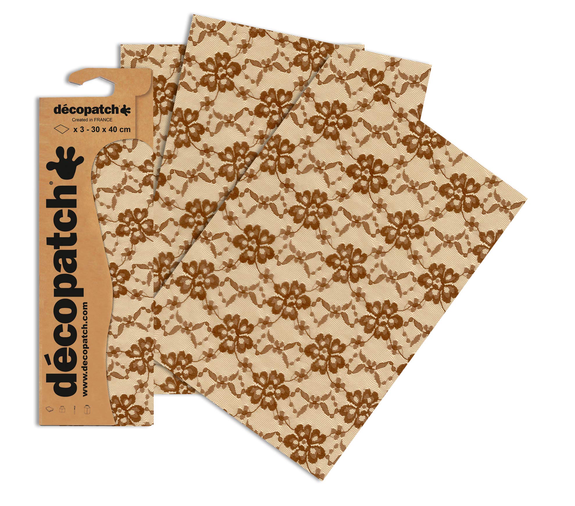Décopatch - Ref C600O - Gold & Brown Lace Pattern Paper Pack - Each Sheet 30 x 40cm, Pack of 3 Paper Sheets - Best Used With Décopach Glue & Varnish, Brown