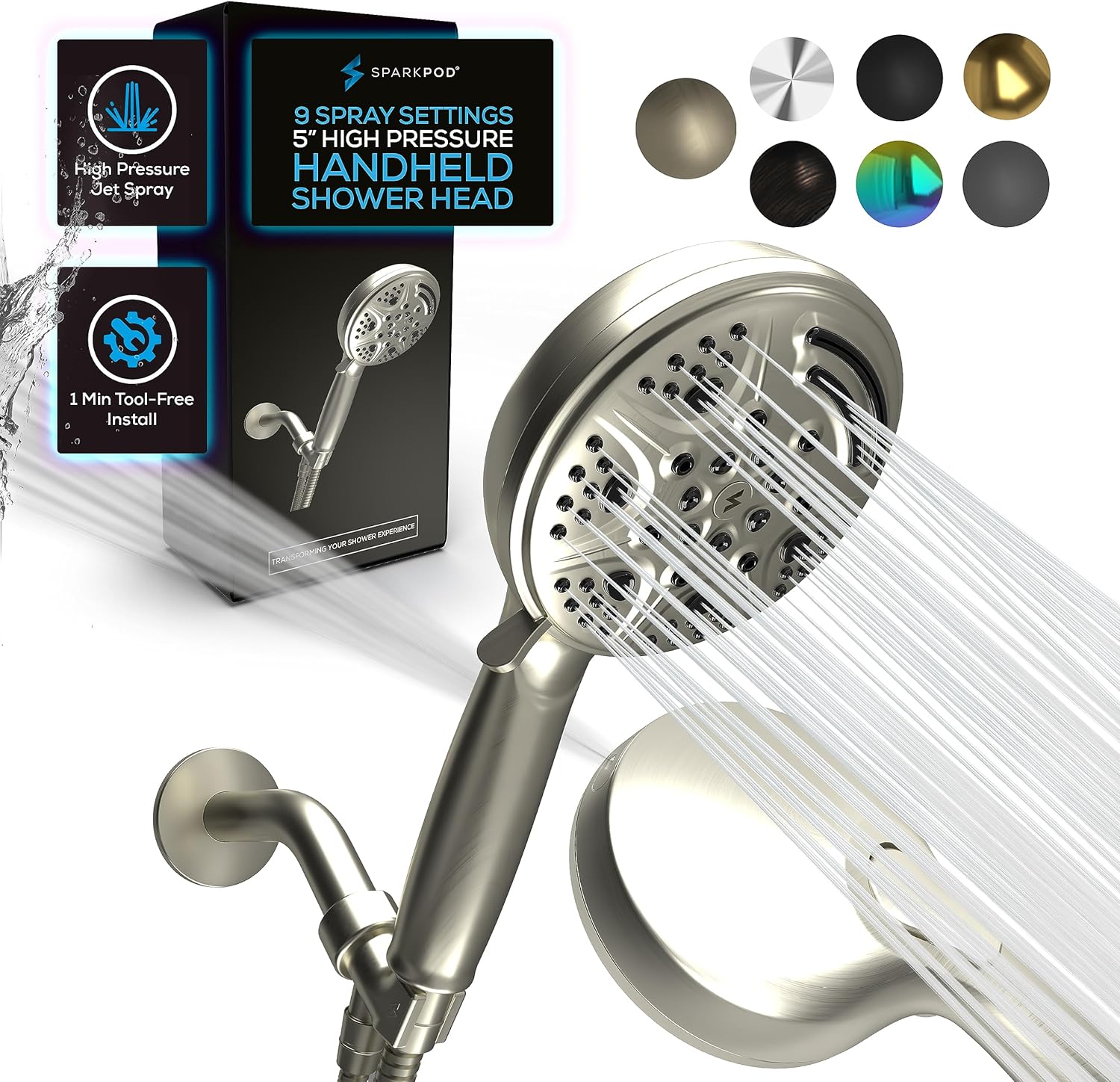 SparkPod 5 Inch Handheld Brushed Nickel Shower Head - 9 Spray Settings With On/Off Switch - Pulsating Rain Mode - Feeling Of An Oasis - Auto-Resets After Every Use - Resort Quality - Durable