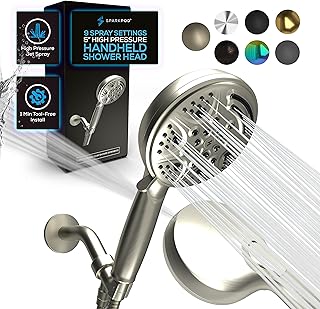 SparkPod 5 Inch 9 Function Shower Head - Handheld High Pressure Jet with On/Off Switch, Pause & Waterfall Setting- Premium ABS Removable Handheld Shower Head with Hose (Brushed Nickel)