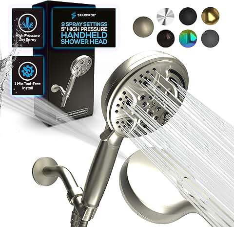 SparkPod 5 Inch Handheld Brushed Nickel Shower Head - 9 Spray Settings With On/Off Switch - Pulsating Rain