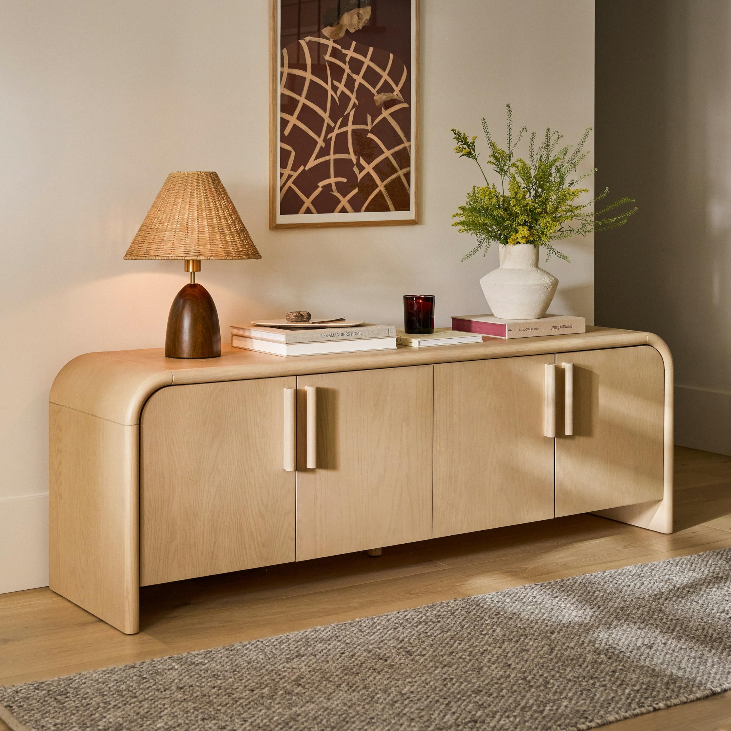 TGF Furniture Store Modern Wooden Storage Credenza – 4-Door Cabinet with Natural Oak Finish, Contemporary Sideboard Buffet Table for Living Room, Dining Room & Entryway-image-5