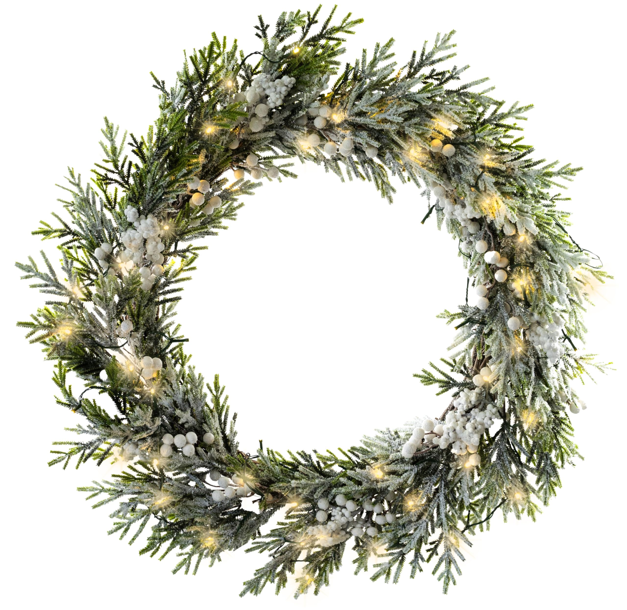 Red Co. Corona de Navidad artificial decorativa con luces nevadas de 30 pulgadas con bayas blancas, luces LED que funcionan con pilas y temporizador
