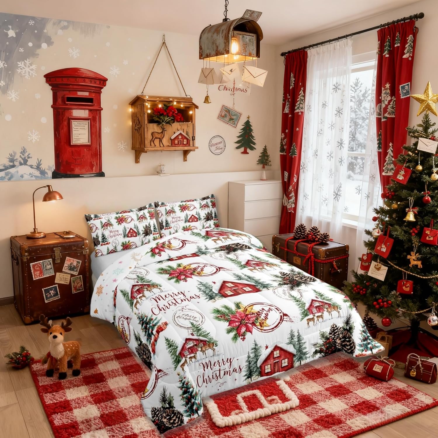 Merry Christmas Kid Comforter Set Full Size,Poinsettia Winter Xmas Pine Tree Bedding Set,Room Decor,Snowflake Rustic Farmhouse Quilt Comforter,Red Green White Duvet Set Bedroom Quilt Set,2 Pillowcases