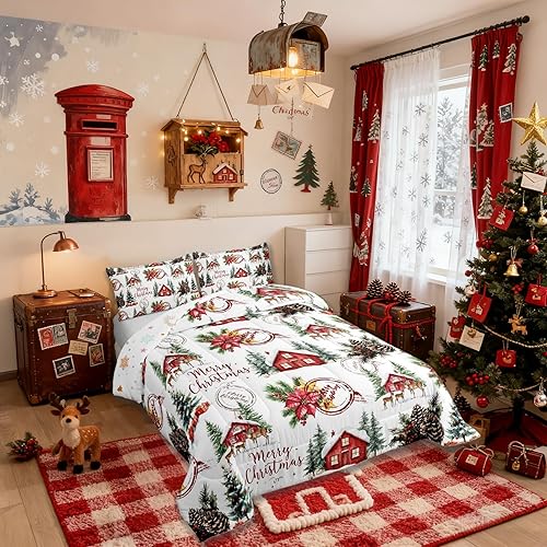 Miniatura 53 de Juego de edredón de Navidad para niños tamaño queen, ropa de cama festiva de dulces navideños, decoración de dormitorio/cabaña de Navidad para Multi