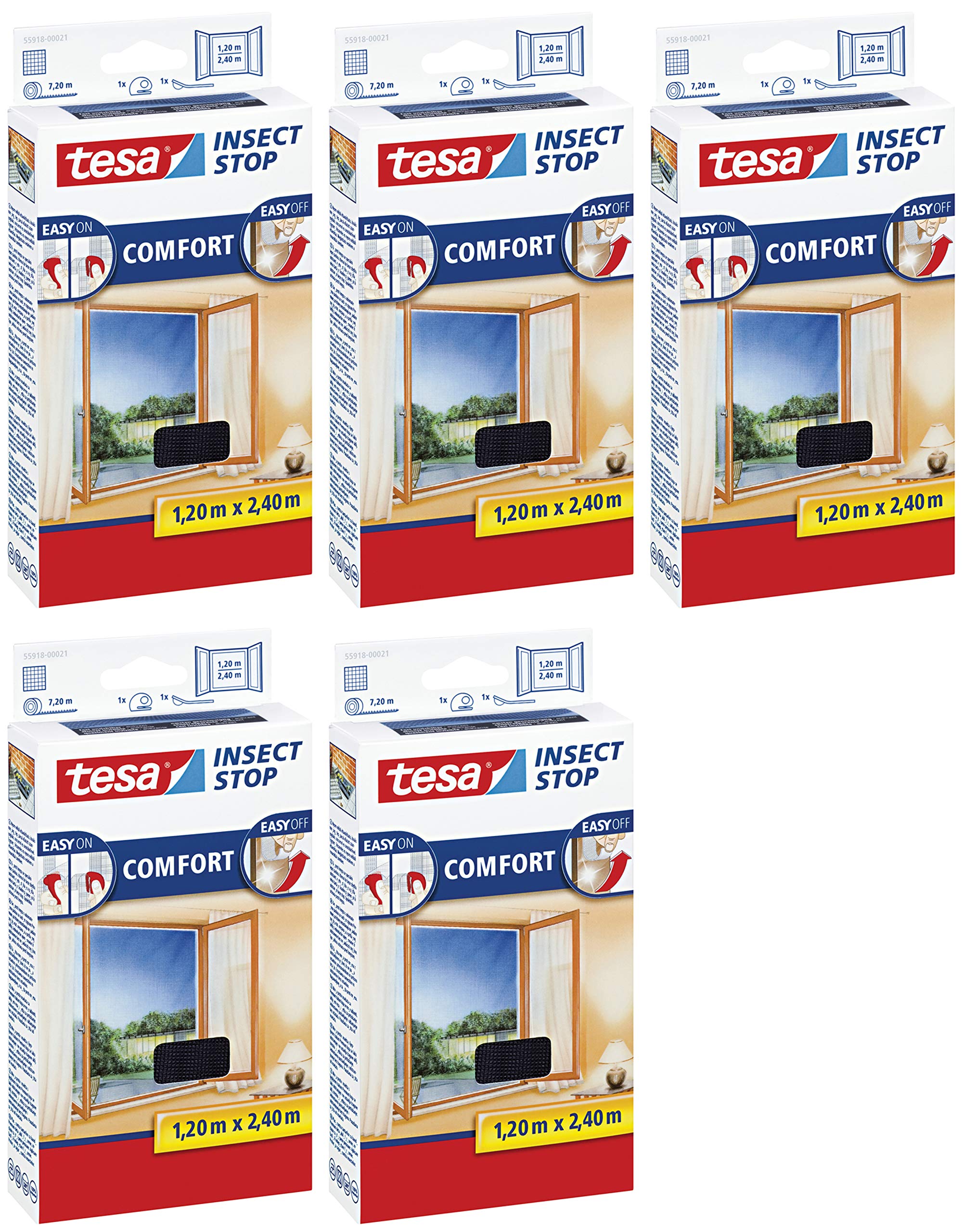 tesa Insect Stop Comfort Fliegengitter für bodentiefe Fenster (5er Pack /120 cm x 240 cm, Anthrazit (Durchsichtig))