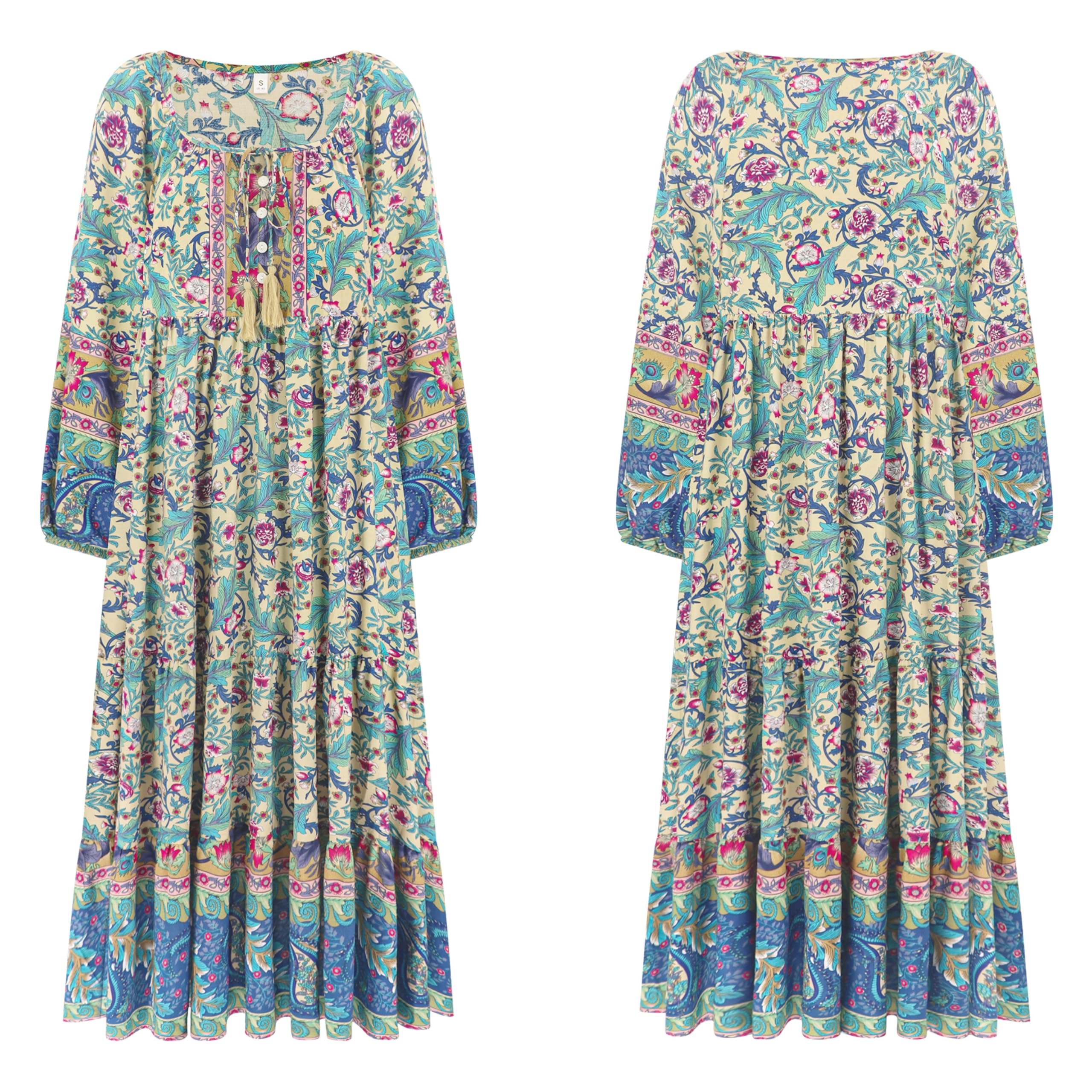 R.Vivimos Donna Quadrato Collo Floreale Maxi Abito Manica Lunga Sciolto Ruffle Vestito Vacanza Spiaggia