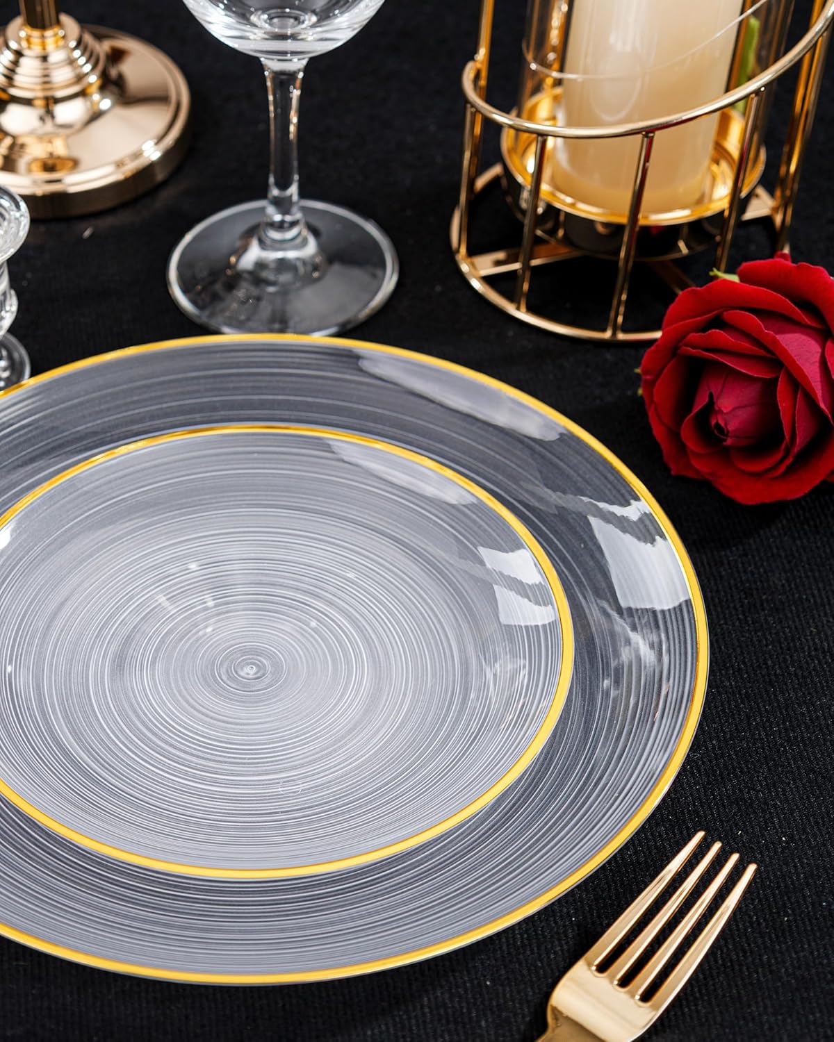 Morejoy 100Pcs Clear and Gold Plastic Plates,Clear Disposable Plates With Gold Rim, Plastic Dinnerware Set Include 50 Dessert Plate,50 Dinner Plate for Party&Wedding