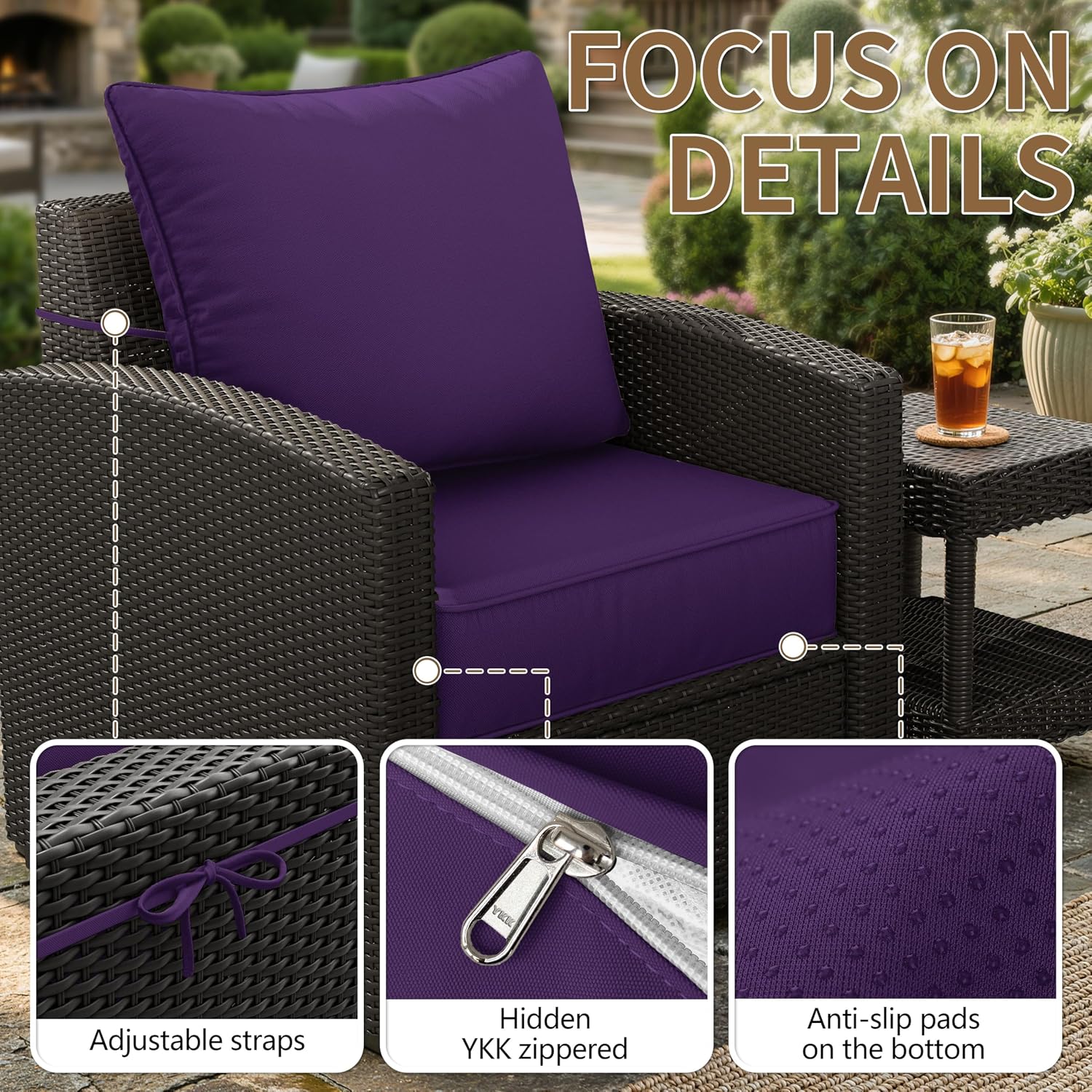 Outdoor Seat Cushion Set of 4, 24 x 24 x6.5 Inch Splash-Proof & Fade Resistant Patio Furniture Cushions with Removable Cover Deep Seat & Back Cushion with Straps for Chair Sofa Couch