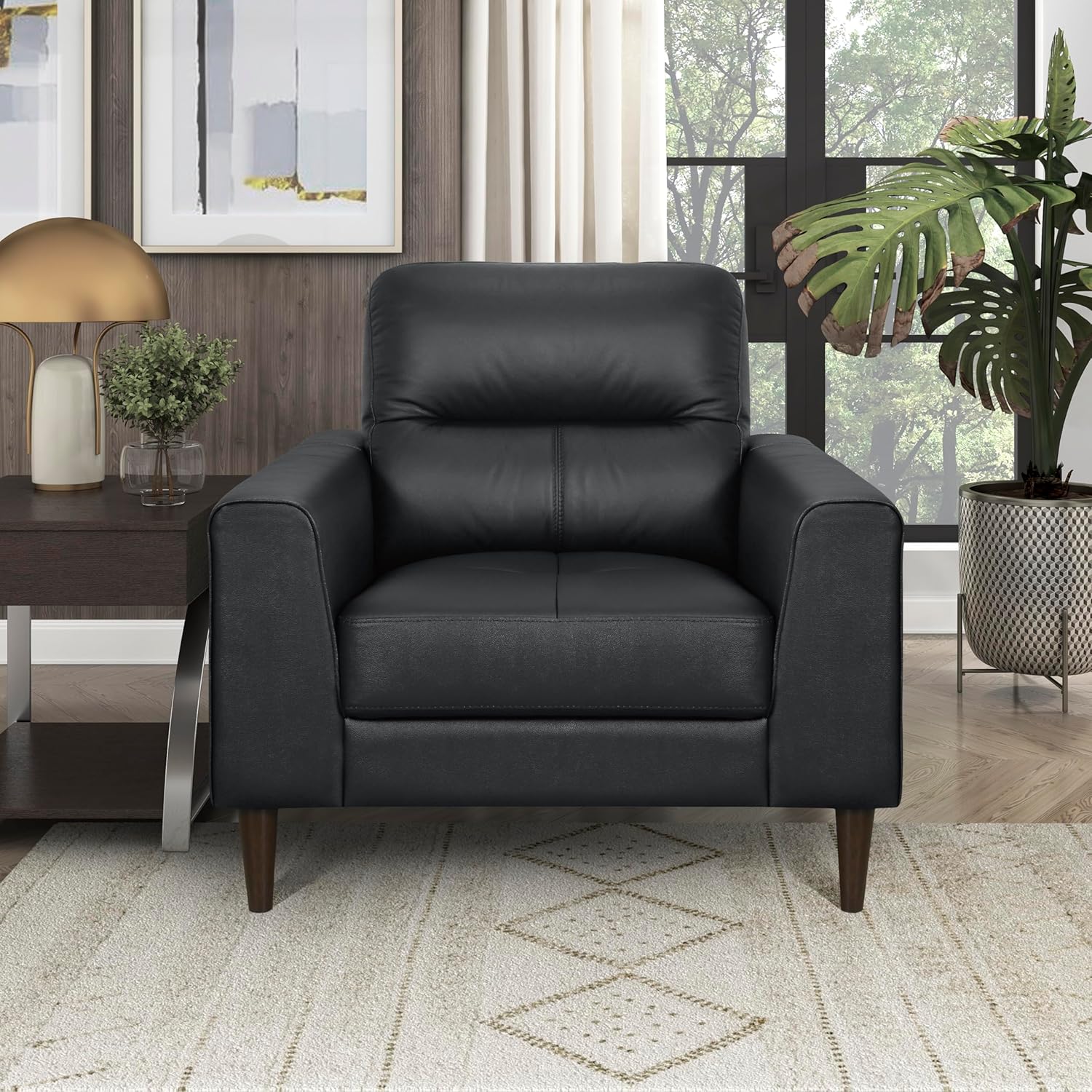 Lexicon Leather Match Accent Chair, Modern Sofa Armchair, Oversized Seat, Solid Wood Legs,Top Grain Leather Lounge Chair for Living Room, Bedroom, Office, Apartment, Waiting Room, Black