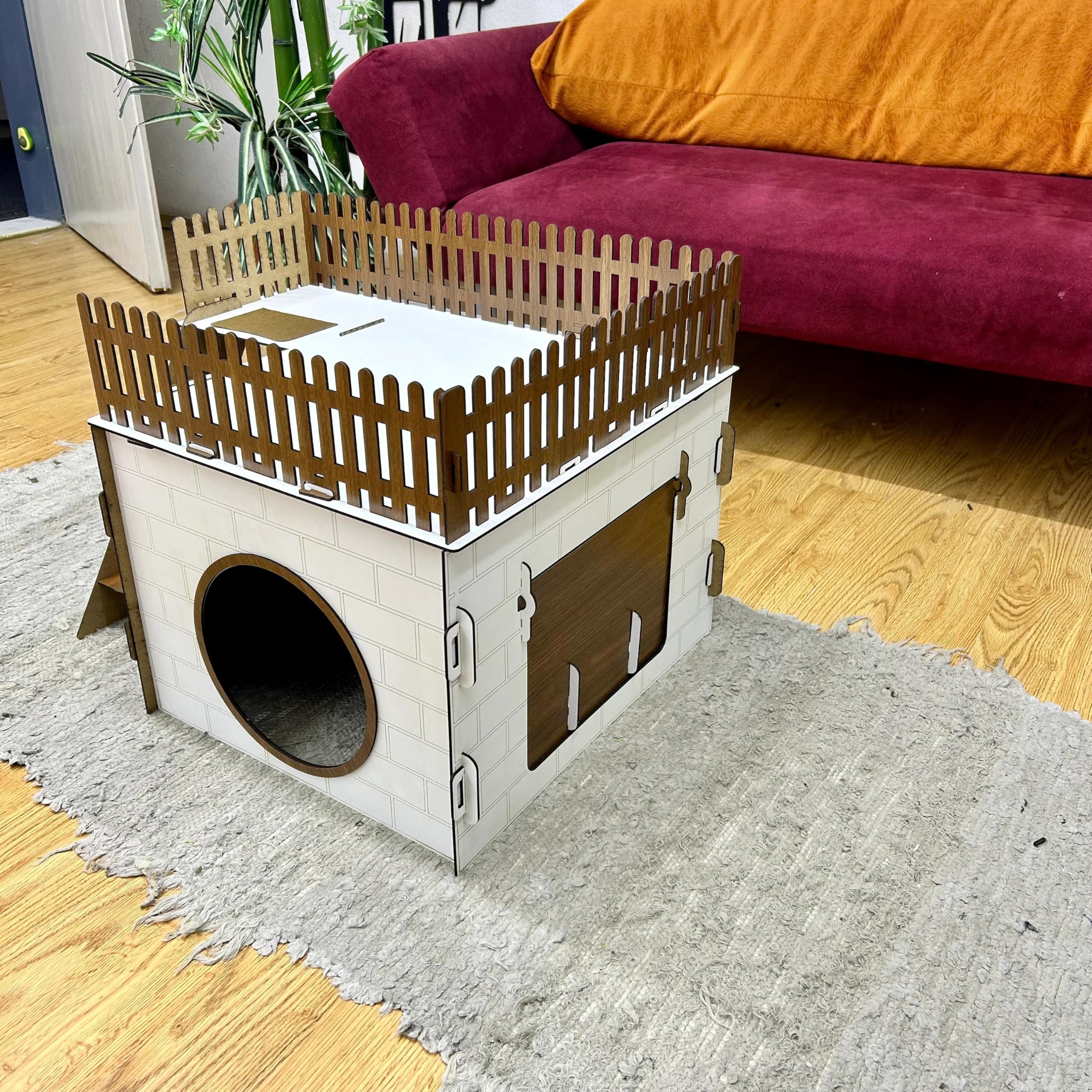TERAS Kaninchenhaus aus Holz – Hasenhaus mit großer Terrasse & schwingender Tür – Kaninchenmöbel für 1–2 Kaninchen oder Chinchillas – Natürliches & sicheres Design (Eiche-Schwarz, N)