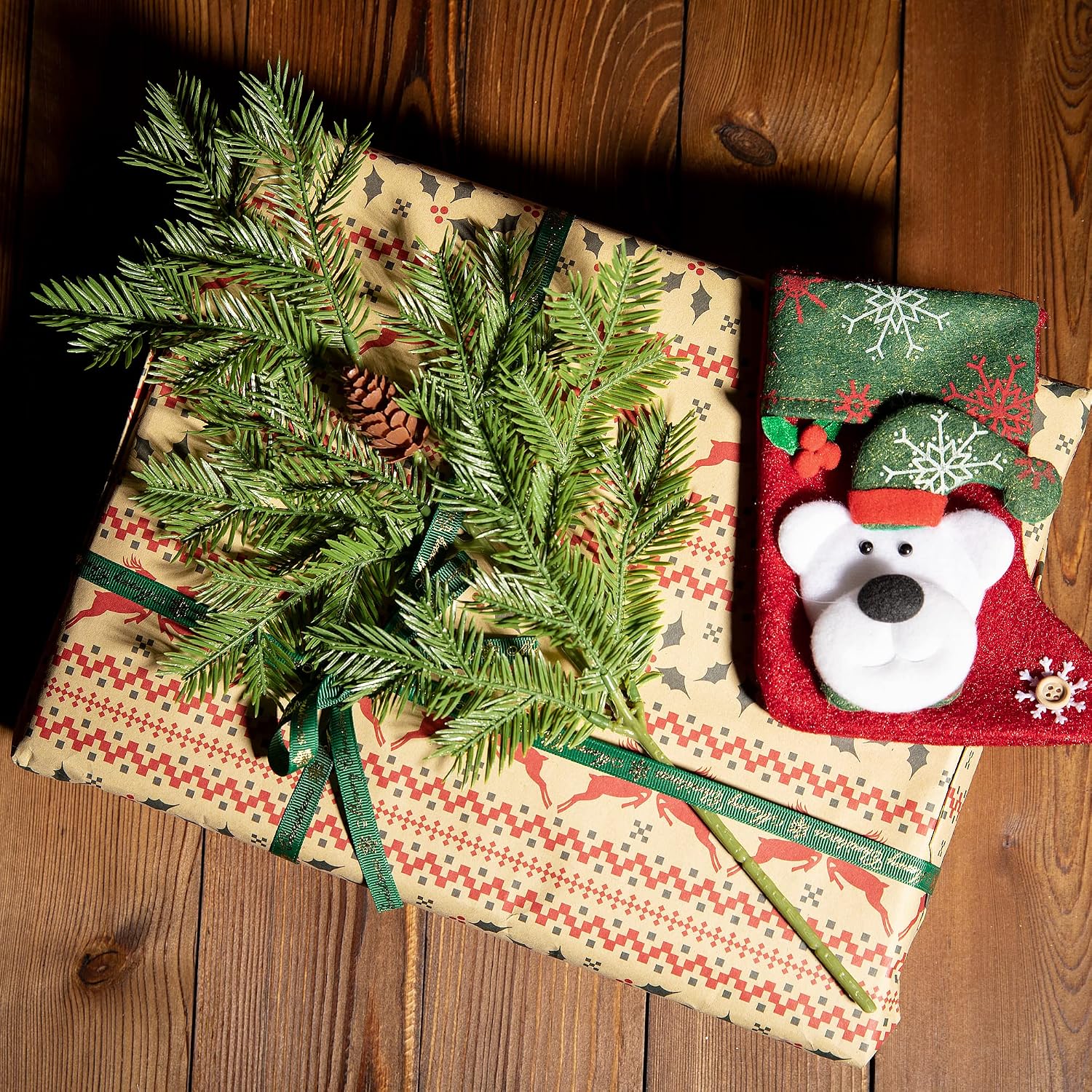 Watayo 8 PCS Large Artificial Pine Needles Branches-16x7 Inch Christmas Fake Greenery Pine Picks with Pinecone-Faux Pine Leaves Sprigs for Craft DIY Christmas Garland Wreath and Home Garden Decoration
