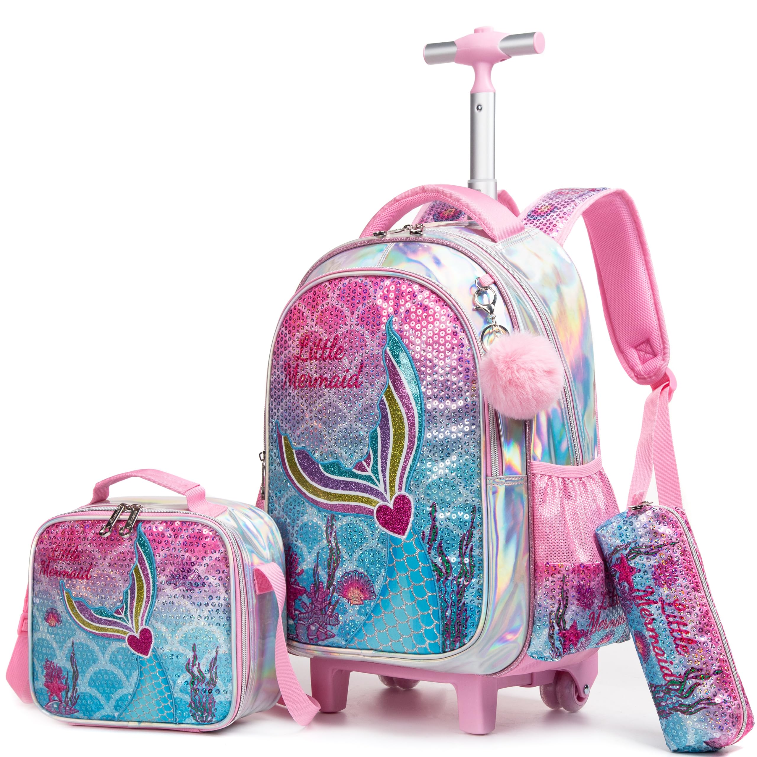 HTgroce Trolley Zaino con ruote, astuccio, borsa per il pranzo, 3 in 1, facile da arrotolare, per ragazze, borse per la scuola