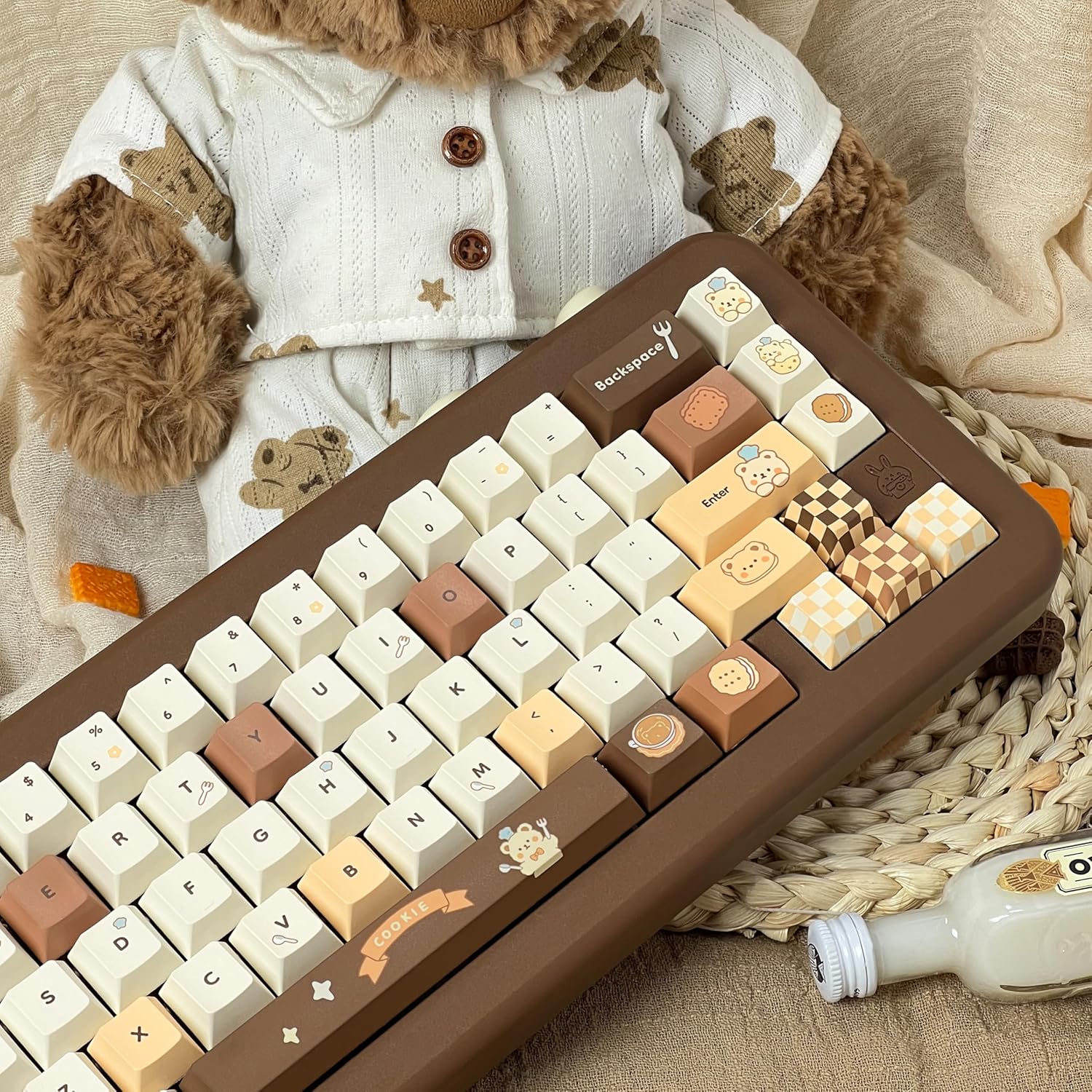 Brown White PBT Keycaps, Cute Custom Keyboard Keycaps 60 75 100%, Dye Sublimation Kawaii Anime Keycap, 145 Keys Set for Cherry Gateron MX Switches