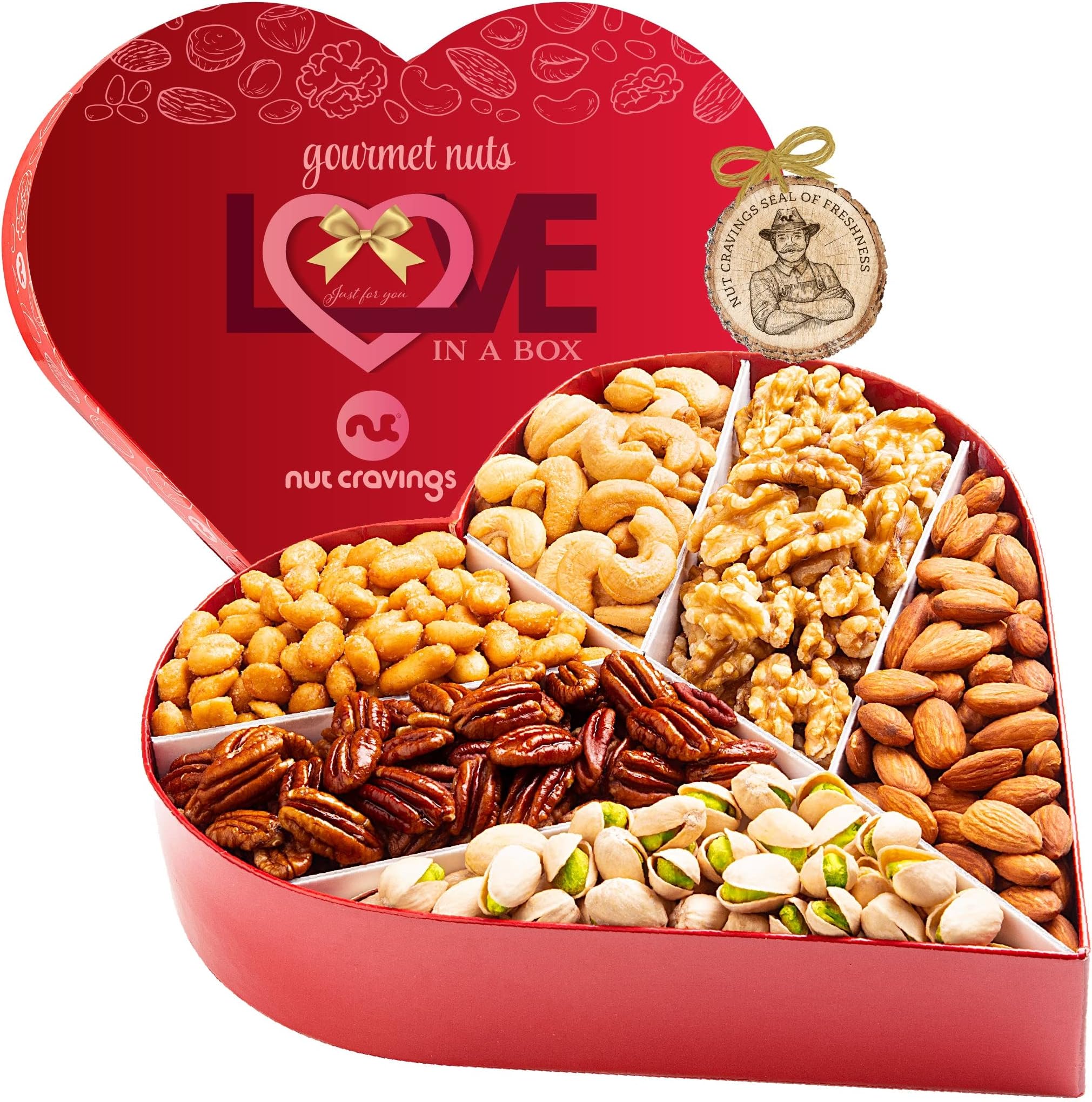 NUT CRAVINGS - Mixed Nuts Heart Shaped Gift Basket, Love in A Box (6 Assortments, 2 LB) Romantic Food Arrangement, Healthy Snack Care Package, Food Assortments