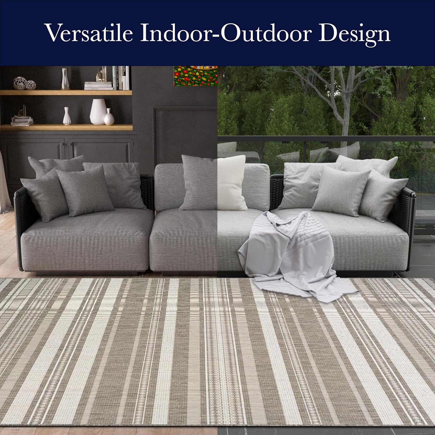 Couristan Recife Indoor Outdoor Rug - Gazebo Stripe 7'6" Square in Ivory and Taupe, Low Pile, Hose Washable, Pet- Kid Friendly Home Decor for Living Room, Patio Furniture Set, Kitchen