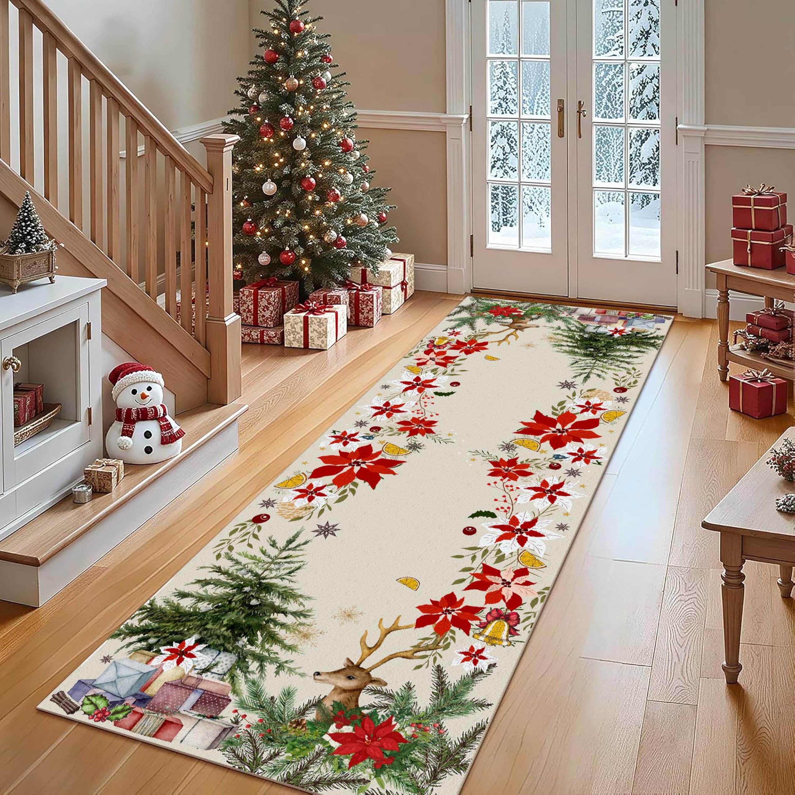 Arzunsy Christmas Elk Runner Rug 80x220cm, Festive Pine Cones & Snowflakes Design, Non-Slip Washable Low Pile Carpet for Hallway, Entryway, Kitchen, Kids Room
